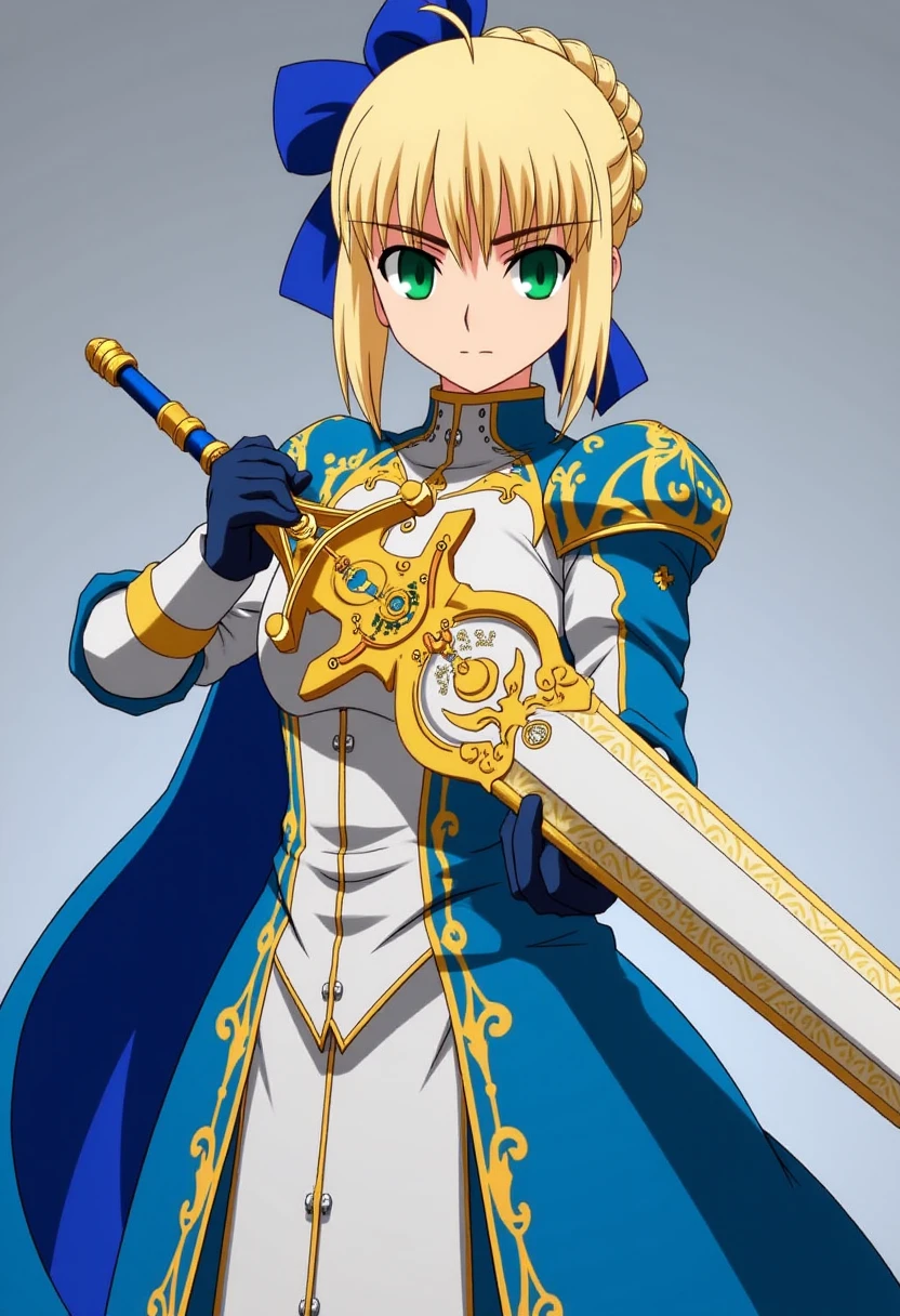 Anime style, sharp, high contrast and highly detailed. Ghibli anime style. Perfect anatomy. Perfect body ratio. No oversized head. No blurry, out of focus pictures. No simple background, no single color background.
 <lora:Atoria Pendragon_epoch_7:1>, 
A picture of atoria. She has blonde hair.
dressed in regal, knightly attire, holding a large, ornate sword in both hands. The character has blonde hair styled in a bun with a blue ribbon, and striking green eyes. She wears a long, elegant blue and white gown with gold detailing, which complements the design of the sword. The armor-like design of her upper body and shoulders emphasizes her warrior persona, while her calm expression reflects determination. The sword features intricate designs and symbols, reinforcing the characterâs noble and heroic status, likely representing a fantasy or historical figure.