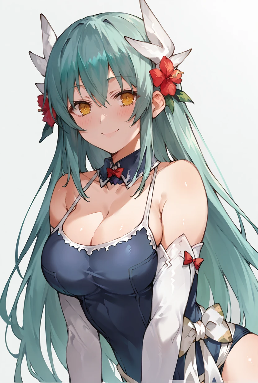 score_9,score_7_up,  <lora:kiyohime_(lancer)_XL_1:1>1girl,  bbkiyo, long hair, aqua hair, white horns, hair flower, red hair flower, yellow eyes, detached collar, cleavage, school swimsuit, blue one-piece swimsuit, elbow gloves, white gloves, white sash, blush, smile,   big breasts, <lora:toridamono-Style-PonyXL-GLoRA-000048:1>