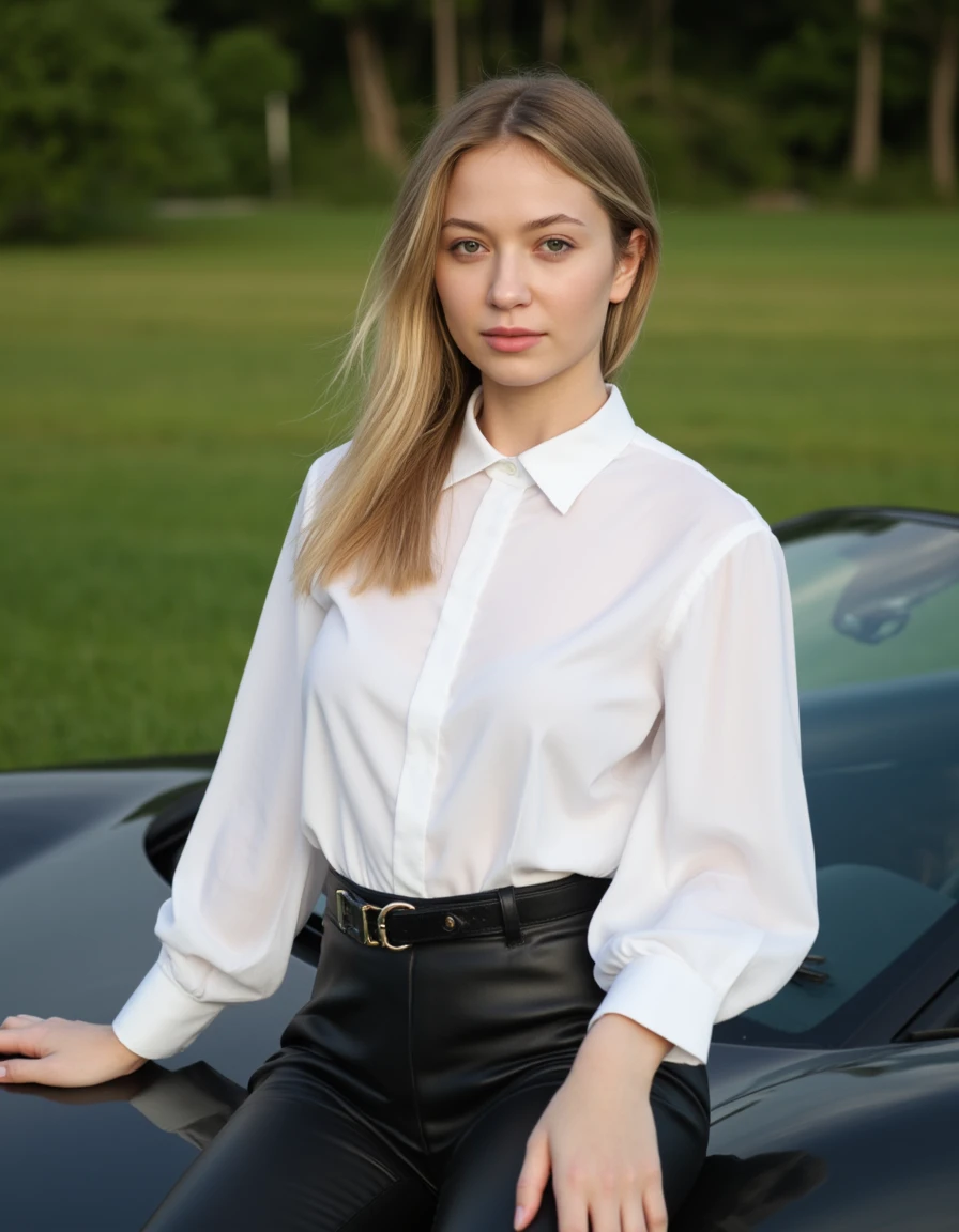 a beautiful blonde woman, wearing a (white collared shirt), long sleeves, (black pants, belt), sitting on a car in a park, Lotus, <lora:ButtonedUp:1>, photographed on a Fujifilm XT3, 80mm F/1.7 prime lens, cinematic film still, cinestill 500T, highly detailed, masterpiece, highest quality, intricately detailed, HDR, 8k, uhd, photorealistic