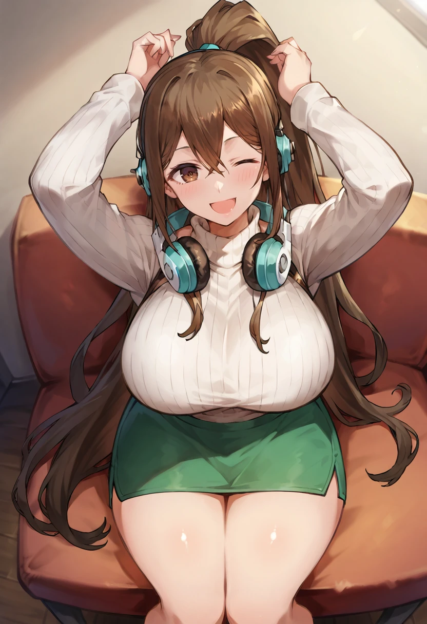 score_9, score_7_up,  1girl, 
huge breasts, wide hips, thick thighs, turtleneck sweater, headphones, brown hair, one eye closed, looking at viewer, blush, breasts, thighs, head tilt, sweater, open mouth, very long hair, skirt, long sleeves, turtleneck, sitting, smile, arms up, ;d, hair between eyes, brown eyes, green skirt, long hair, high ponytail, ribbed sweater, headphones around neck, solo, sidelocks, ponytail, from above, pencil skirt
 <lora:toridamono-Style-PonyXL-GLoRA-000048:1>