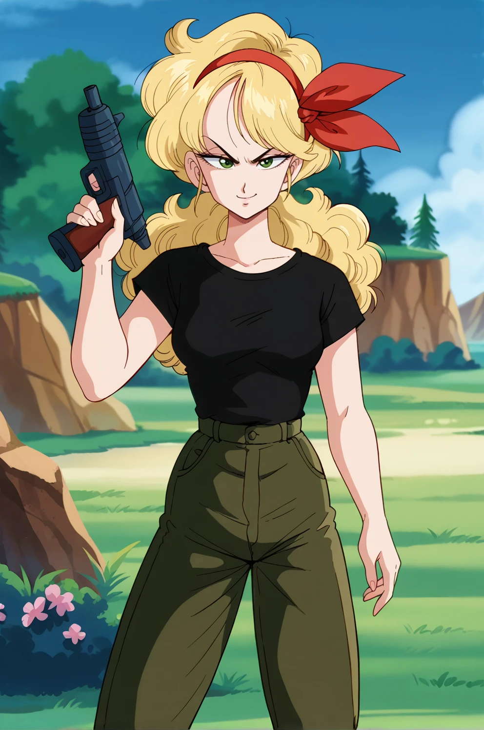 score_9,score_7_up, BREAK  retro artstyle, bad launch, 1girl, solo, outdoors, blonde hair, long hair, curly hair, red hair ribbon, green eyes, green eyes, holding gun, submachine gun, contrapposto,legs apart, looking at viewer, black t-shirt, army green pants, smirk,standing,pink flower,mountains, blue sky,hand up, anime screencap, evil smile,  <lora:LaunchPony:1>