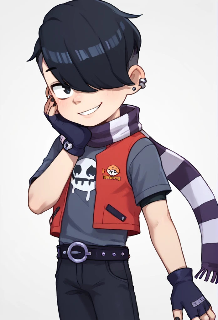 score_9, score_8_up, score_7_up, BREAK,  <lora:bsedgar:1>bsedgar    , 1boy , red vest , short hair , black hair, hair over one eye, ear piercing, solo,striped scarf  grey shirt,  short sleeves, belt , black pants ,black gloves,  looking at viewer,   fingerless gloves, black nails,  <lora:PossumMachine:1>posmach , smile , hands on own face,