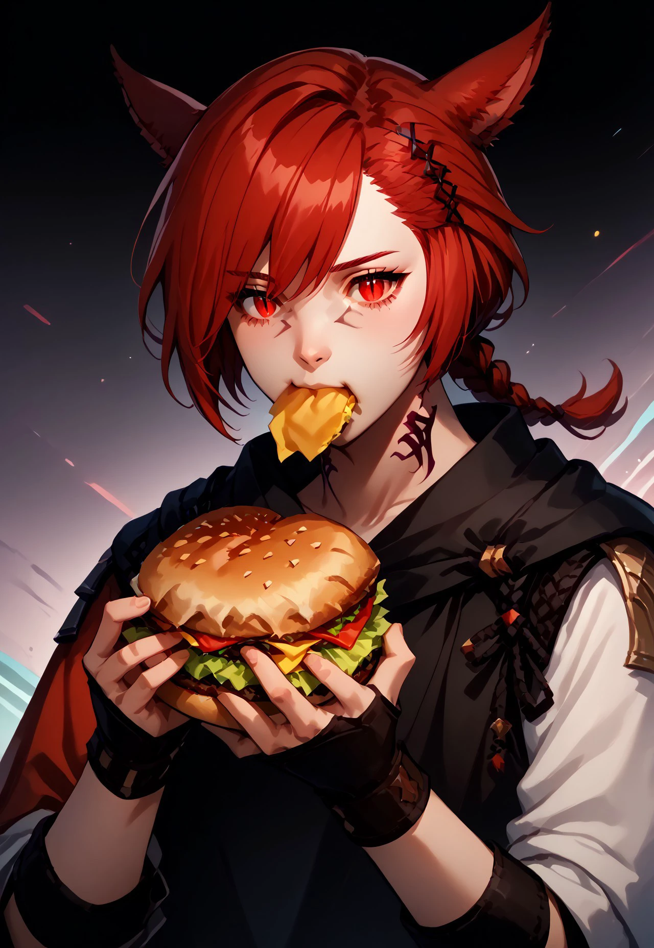 synxomix, eating, burger, looking at you, upper body , grahatiaffxivdsk, did vaporwave style, hair ornament, miqo'te, slit pupils, braided ponytail, red eyes, animal ears, x hair ornament, red hair, cat ears, braid, neck tattoo, swept bangs, illustration, comic art style, BREAK PonyXLV6_Scores