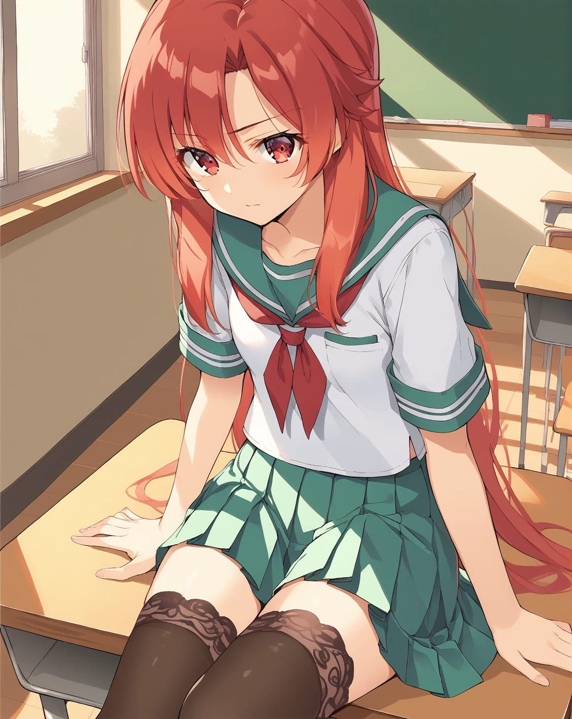 <lora:lisara_restall_v1.3:0.9>,lisara restall,red eyes,red hair,long hair,small breasts,
school uniform,serafuku,pleated dress,green skirt,lace-trimmed thighhighs,
1girl,solo,
BREAK
sitting on school desk,
classroom,indoors,, score_9,score_8_up,score_7_up,source_anime,best quality,masterpiece,uncensored,detailed eyes,