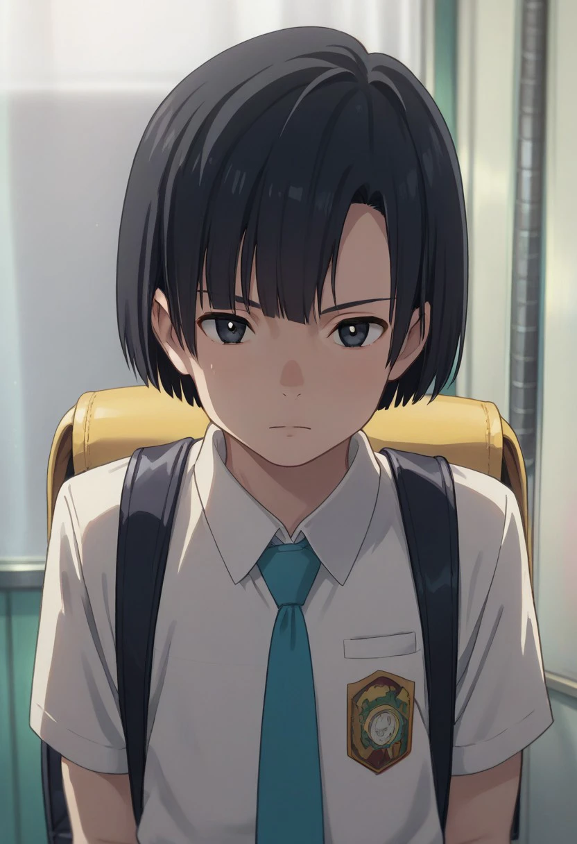 score_9, score_8_up, score_7_up, source_anime, highly detailed, 
nagiamano, 1boy, male focus, solo, necktie, blue necktie, black hair, short hair, bangs, school uniform, backpack, shirt, looking at viewer, bag,
indoor,