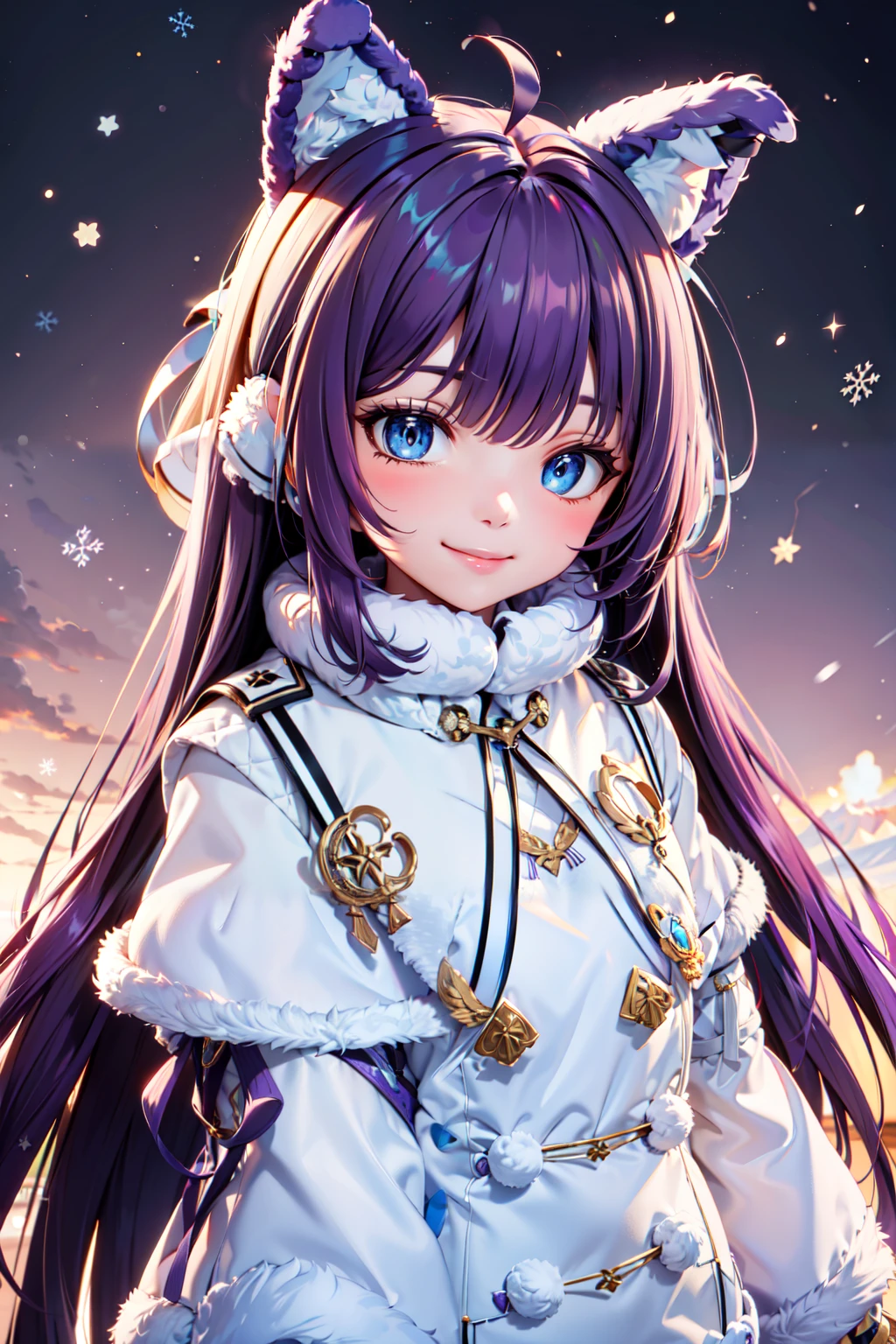 (masterpiece), <lora:Beautiful_CAT_v3:0.8>, best quality, high resolution, highly detailed, perfect lighting, (upper body), , <lora:Tashkent_Azurlane:0.8>, zzTashkent, long hair, purple hair, blue eyes, very long hair, bangs, animal ears, ribbon, hair ribbon, fake animal ears, hair ornament, dress, long sleeves, white coat, sleeves past fingers, white background, white thighhighs, winter clothes, brown sweater, ahoge, fur-trimmed sleeves,  ,  , solo, smiling, looking at viewer,, BREAK, hip to the side, hand on hip, contrapposto,