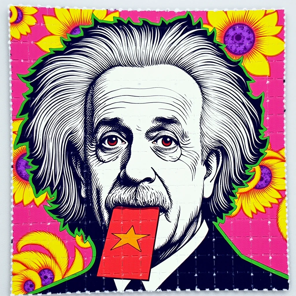 photo of blotter art paper featuring a psychedelic illustration of einstein with a square on his mouth<lora:lora:1>