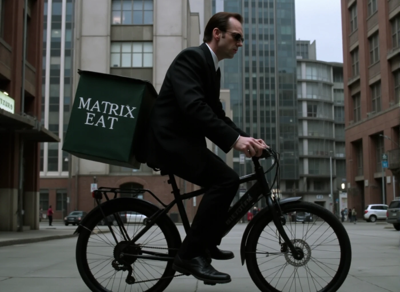 Smith wears a black suit and sunglasses. He is riding a delivery bicycle. The box on the bicycle have the text "MATRIX EAT". In a city in the matrix  <lora:Smith:0.9>