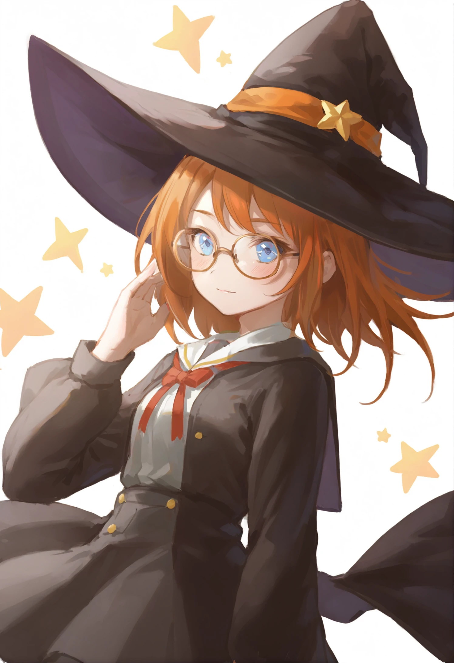 masterpiece, best quality, 1girl, hat, glasses, witch hat, solo, blue eyes, short hair, freckles, orange hair, luna nova school uniform, white background, looking at viewer, witch, star \(symbol\), school uniform, simple background, upper body 
 <lora:joezunzunXLlokr4f-000179:0.95>