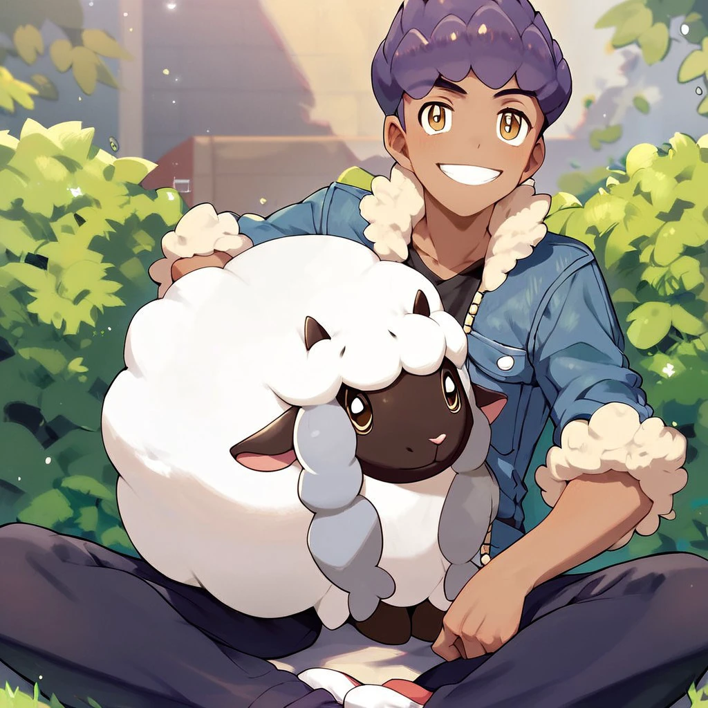 (masterpiece), score_9, score_8_up, score_7_up, score_6_up, score_5_up, score_4_up, 1boy, solo, Hop, dark purple hair, light brown eyes, dark skin, fur-trimmed jacket, shirt, pants, sitting, smile, pokemon (creature), fluffy sheep pokemon