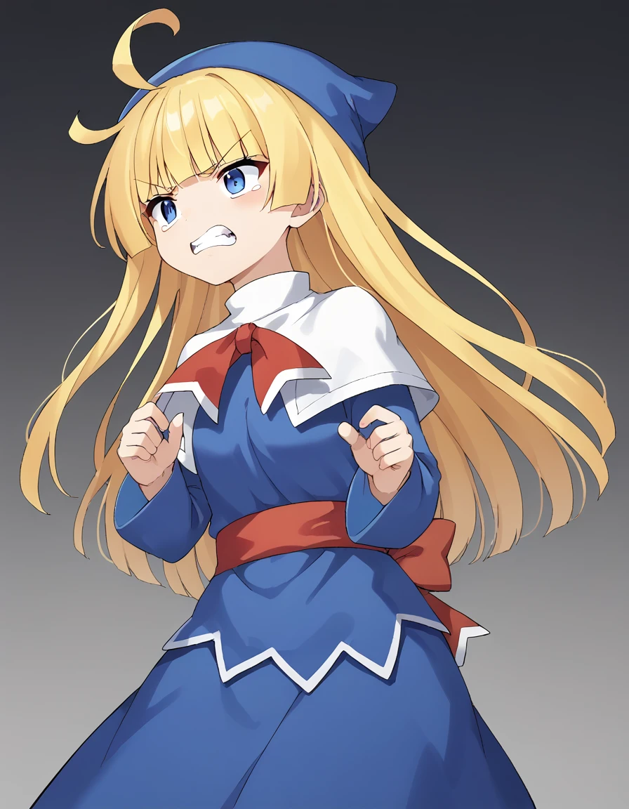 <lora:witchPF_SDXL_pony_fp16_ver04_168-000025:1>,witchPF, 1girl,solo,blonde hair,blue eyes,long hair,blunt bangs,ahoge, blue hat, dress,red sash, capelet,long sleeves,red sash,angry,angry_, streaming tears,, score_9, score_8_up, score_7_up, BREAK source_anime, rating_questionable, best quality, masterpiece, uncensored,<lora:pony_good_hands:1>,good_hands ,[pony diffusion V6 is trained by PurpleSmartAI:100]