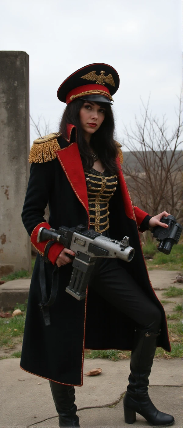 a full body black hair woman wears a military uniform with a hat in a post apocalyptic scenery. She holds a machinegun <lora:Commissar40k:0.9>