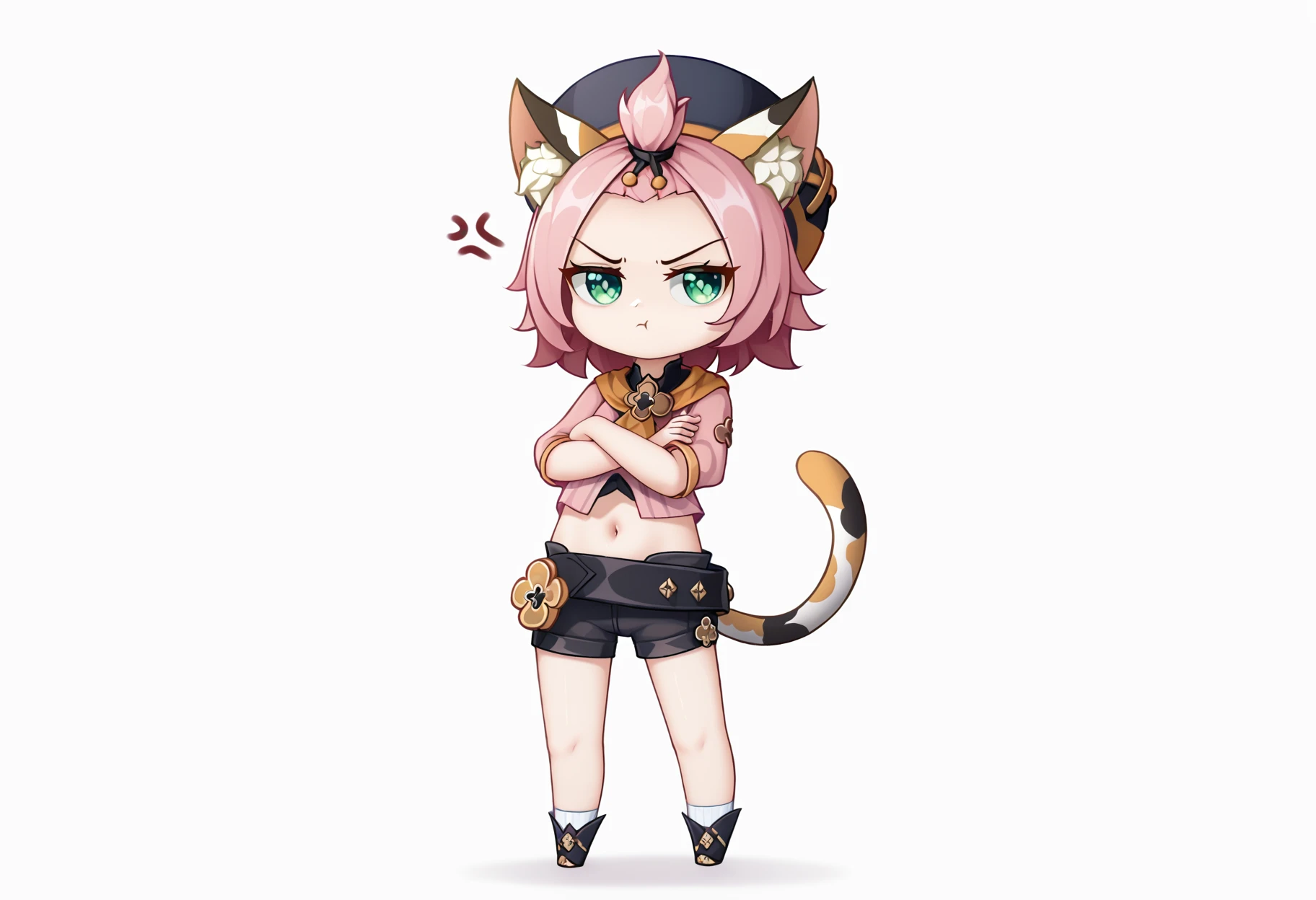 by antifreez3, masterpiece, best quality,
diona \(genshin impact\), 1girl, animal ear fluff, animal ears, annoyed, belt, black shorts, cat ears, cat girl, cat tail, crossed arms, forehead, green eyes, hat, looking at viewer, navel, pink hair, pink shirt, pout, shirt, short hair, shorts, solo, tail, topknot,
white background, simple background, (full body, wide shot:1.3)
 <lora:4th_tail_lyco_extract_0.5.0_XL_alt:1>