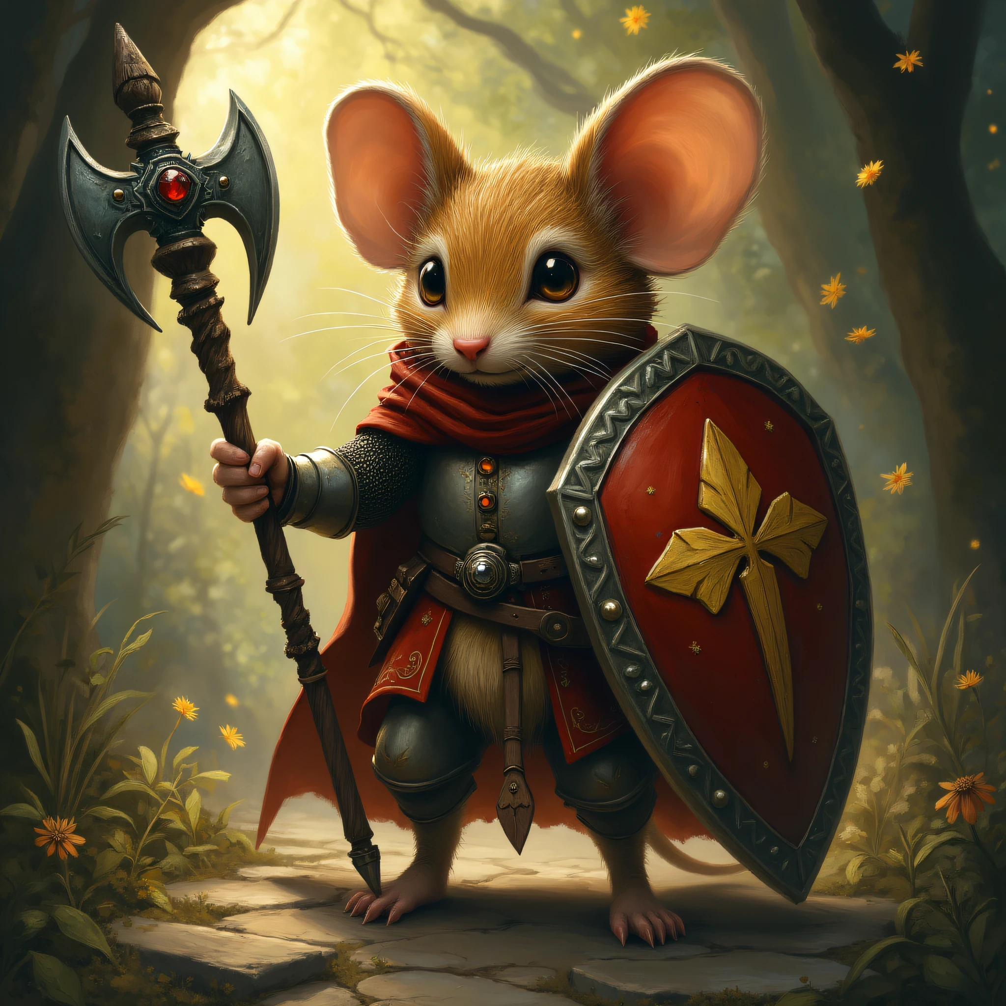 MazesAndMice,magical fairy tale  human knight holding a mace and shield in Mice and Mystics style