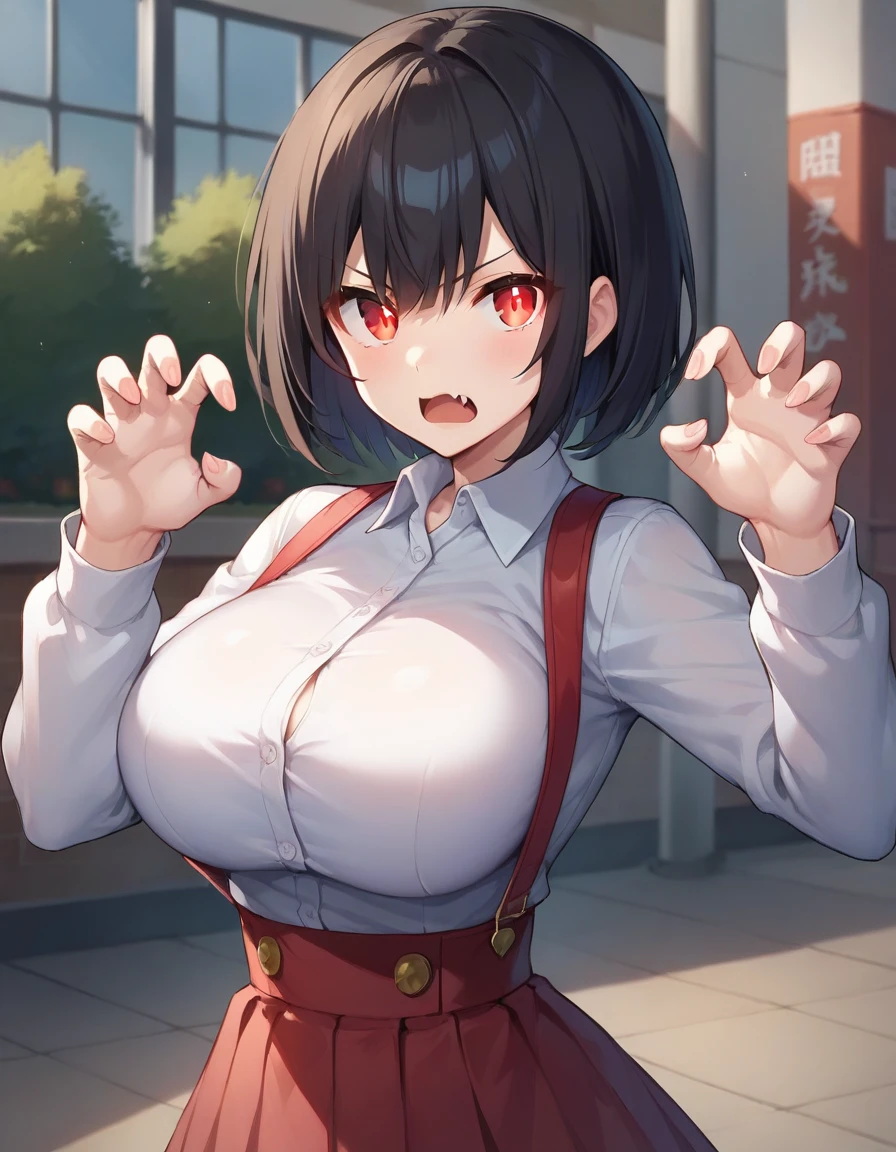score_9,score_8_up,score_7_up,score_6_up BREAK official art,solo,outdoors,upper body,(portrait:1.5),looking at viewer,facing viewer,angry,frown,pale skin,Hiraki Hanako,short hair,black hair,bangs,glowing eyes,red eyes,open mouth,fangs,school uniform,collared shirt,white shirt,long sleeves,claw pose,large breasts,high-waist skirt,suspenders,red skirt,thick thighs,white socks,loafers,<lora:Hiraki Hanako(th vs se)-Pony:1.3>,<lora:Smooth Anime Style LoRA XL:0.8>,