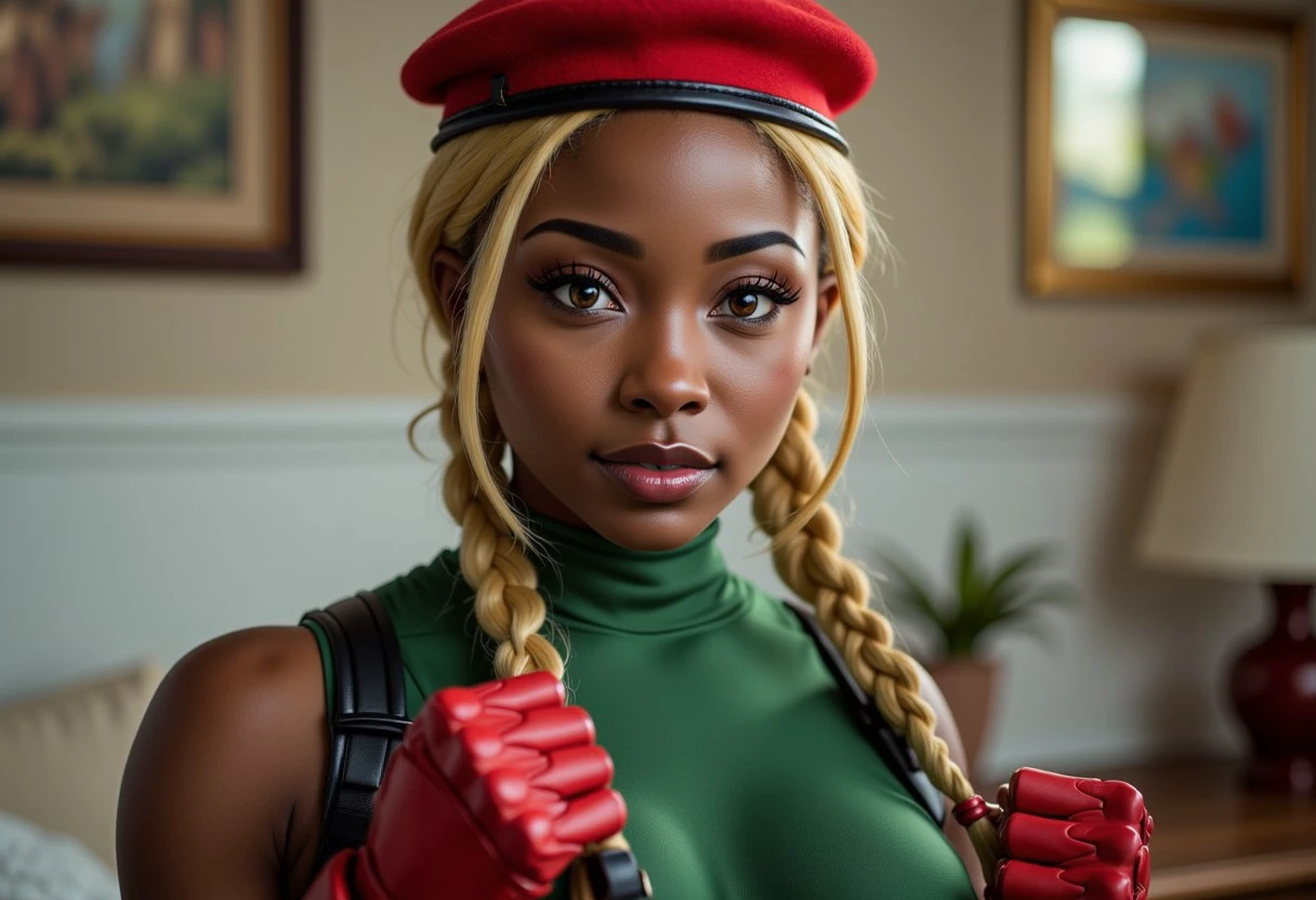 (masterpiece), best quality, expressive eyes, perfect face, dark brown eyes, natural b cup breasts, cute, yandere, mental health professional, 29-year-old Black American woman, very dark brown skin, Cammy White, a woman with long blond twin braided hair, red beret, green leotard, red gloves, thigh holster