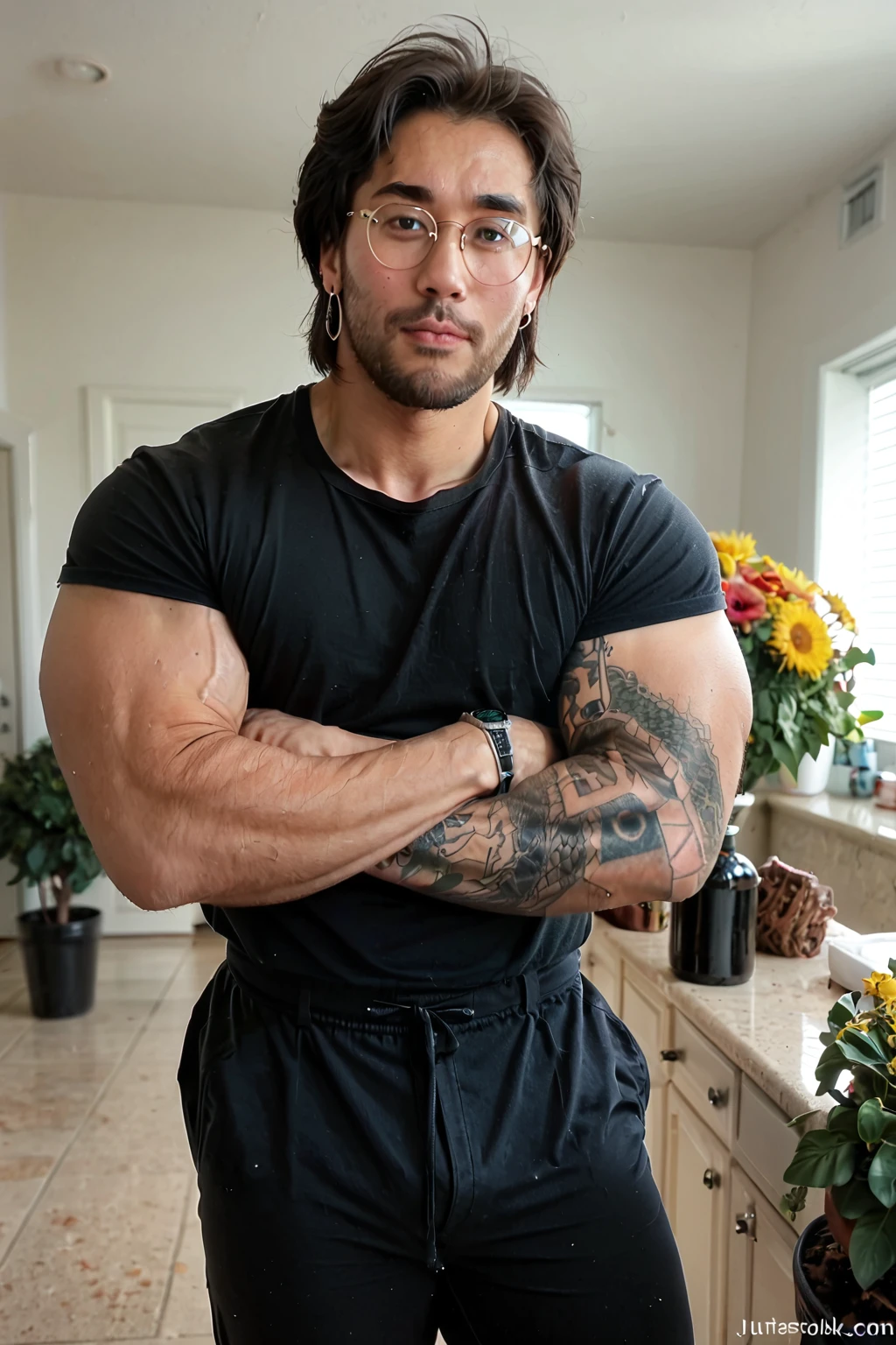 score_9, score_8_up, score_7_up, BREAK, justinsaiyann, 1boy, male focus, facial hair, beard, shirt, big biceps, broad shoulders, (pectorals), arm hair, pants, solo, black shirt, black pants, short hair, looking at viewer, black hair, watch, muscular male, bara, muscular, t-shirt, (realistic:1.2), glasses, arm tattoo, garden, daylight, ear piercing, earring, (crossed arms), veiny arms, vascular arms