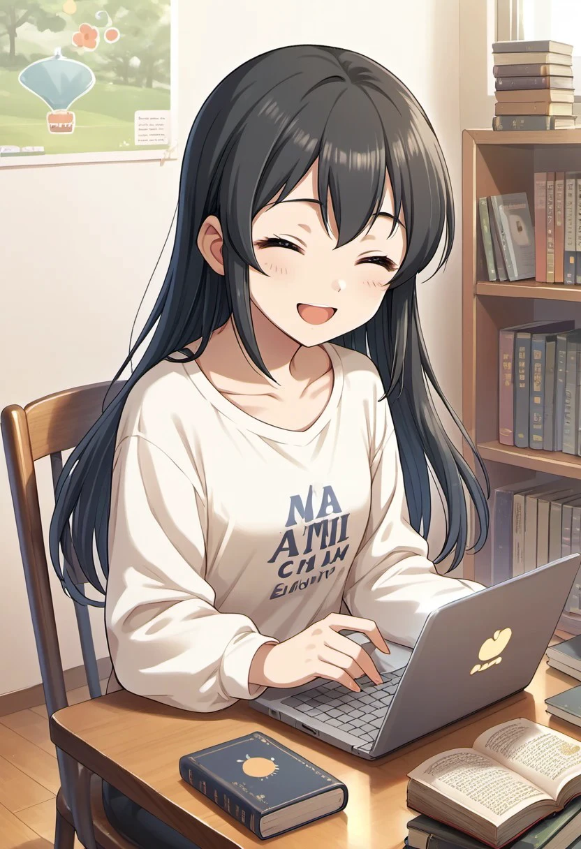 score_9, score_8_up, score_7_up, source_anime, ohishi izumi, long hair, brown eyes, black hair, 1girl, solo, closed eyes, smile, computer, sitting, book, laptop, open mouth, chair, ^ ^, collarbone