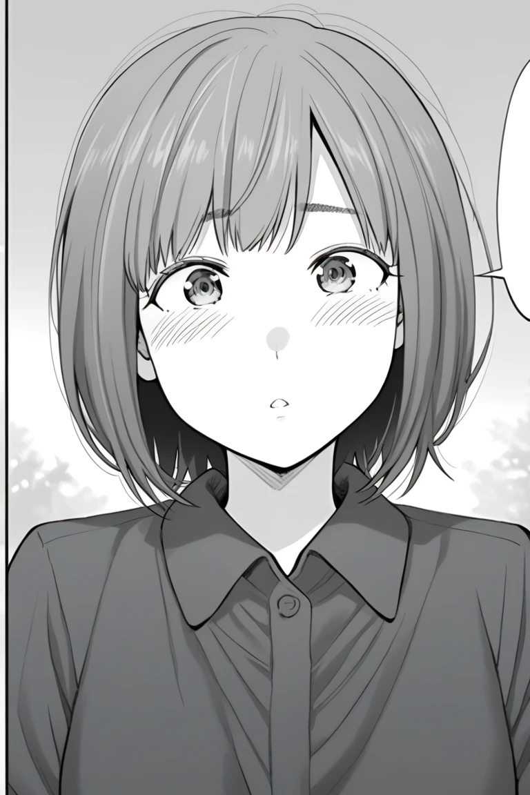 score_9, , FunatsuKazukiStyle, shirt, comic, greyscale, 1:1, blush, portrait, clothing, mammal, female, hi res, 1girl, duo, solo, human, topwear, anthro, hair, hatching (texture), monochrome, parted lips, collared shirt, bob cut, short hair