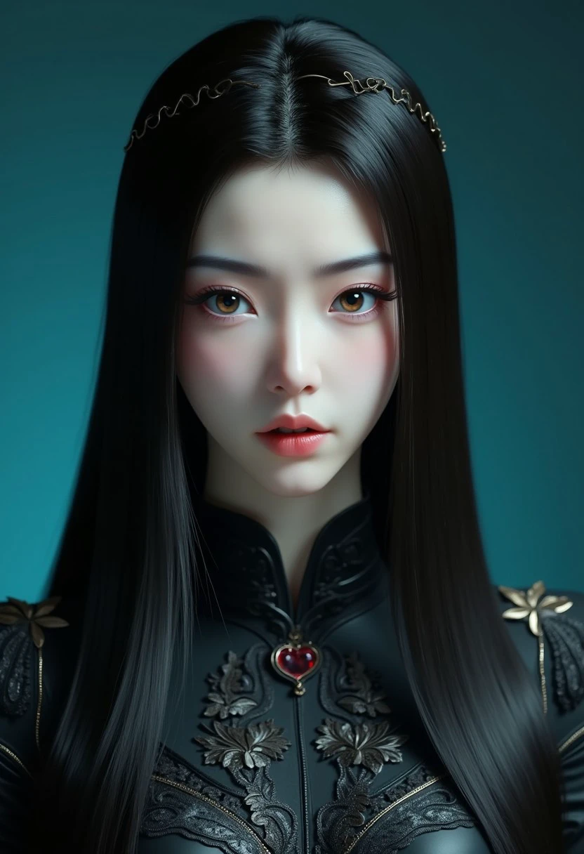 yuanyao:1.3,a stunning real medium breasts woman with long, flowing dark hair, her piercing gaze directly addressing the viewer.  4k, high quality, (best quality:1.1), realistic, photorealistic, close-up, upper body, (ultra HD quality details), High Fashion, A highly detailed, realistic digital photo of a woman 28yo with a pale complexion, emphasizing her enigmatic and mystical aura,, high resolution, rich textures, and contemplative mood. Her eyes are a deep piercing and  brown, dynamic, dramatic, haute couture, elegant, ornate clothing, dark straight hair in an elegant updo with a few loose strands framing her face, wearing a high-collared garment with floral patterns in a dark, against a cyan gradient background, , face focus,