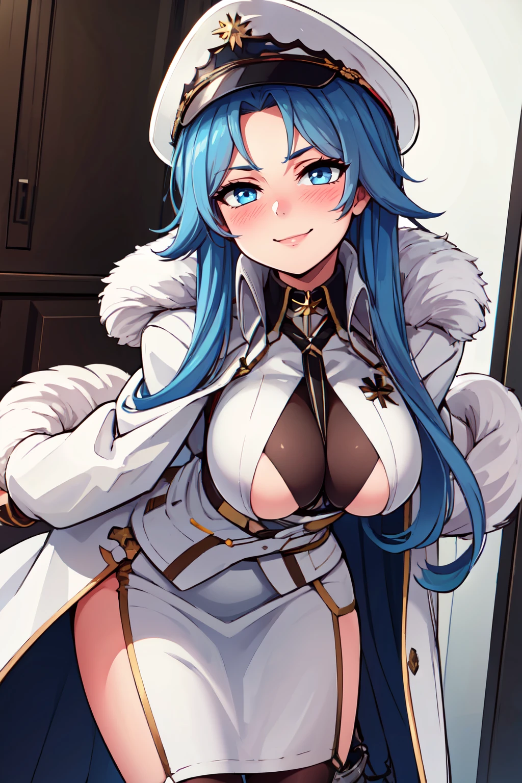 ((masterpiece,best quality)), absurdres,  BREAK, , <lora:Belorussiya_Azurlane:0.8>,  zzBelorussiya, blue hair, long hair, blue eyes, very long hair, bangs, parted bangs, hat, white headwear, white coat, peaked cap, black gloves, fur-trimmed coat, long sleeves,  , BREAK, leaning forward, head tilt, blush, upper body,, BREAK, solo, smile, looking at viewer, cowboy shot,