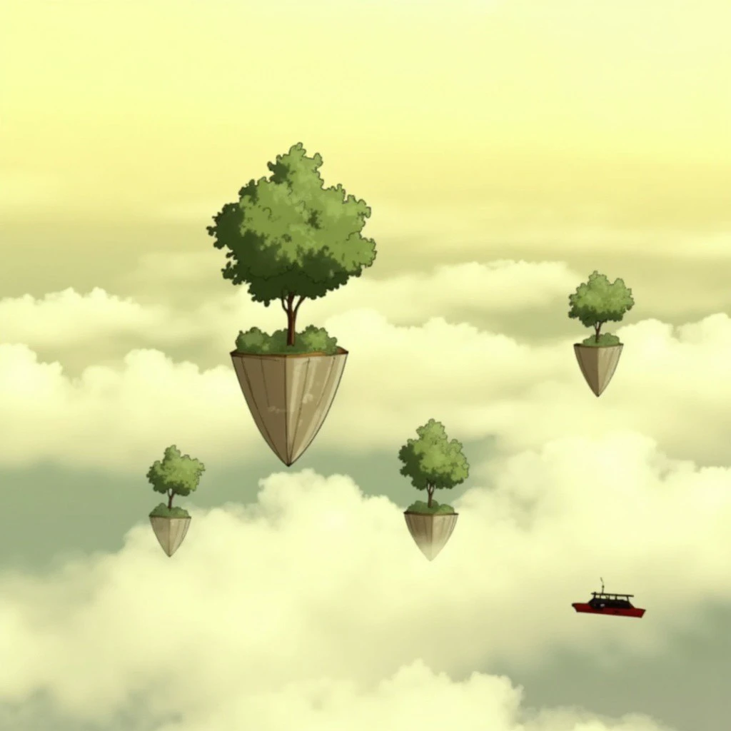 a digital drawing in a semi-realistic, anime-inspired style, it depicts a vast, open sky with a soft, pastel yellow hue, the sky is filled with fluffy, white clouds, creating a sense of movement and depth, in the foreground, there are three large, leafy objects resembling those of a tree or a plant, resembling a bushy tree, the objects are transparent, allowing the viewer to see the contours of their bodies, they are attached to a transparent, cylindrical surface that appears to be made of fabric or a similar material, the background is a gradient of soft pastel hues, transitioning from light yellow at the top to a darker beige at the bottom, to the right, there is a small, small, red object resembling a boat or a small device, possibly a airplane, floating in the sky, the overall mood of the drawing is whimsical and dreamlike, with a touch of surrealism