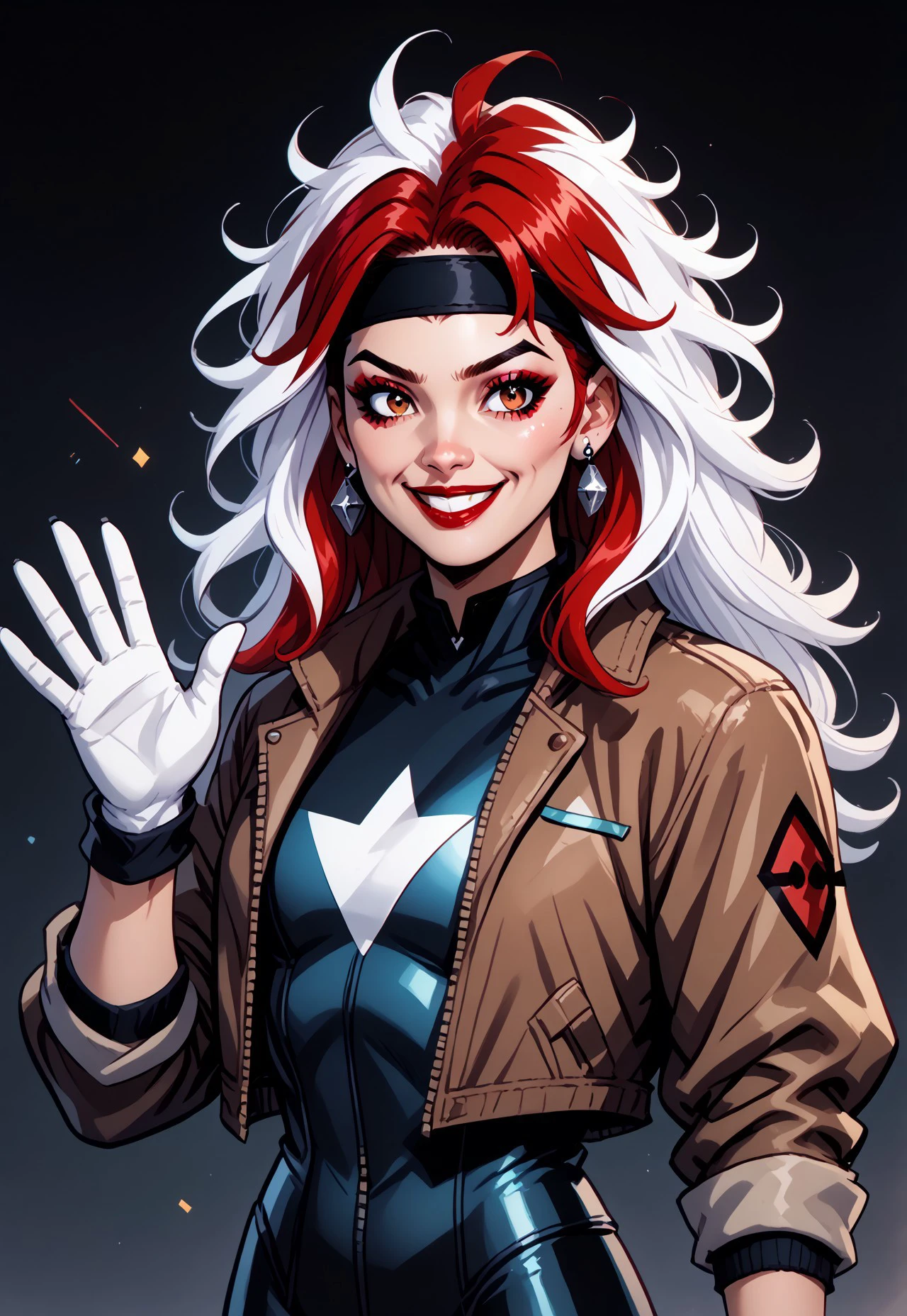 synxomix, 1girl, bodysuit, earrings, gloves, brown jacket, headband, jacket, jewelry, lipstick, makeup, two-tone hair, long hair, messy hair, red hair, red lips, smile, waving, white hair,, illustration, comic art style,,  BREAK PonyXLV6_Scores