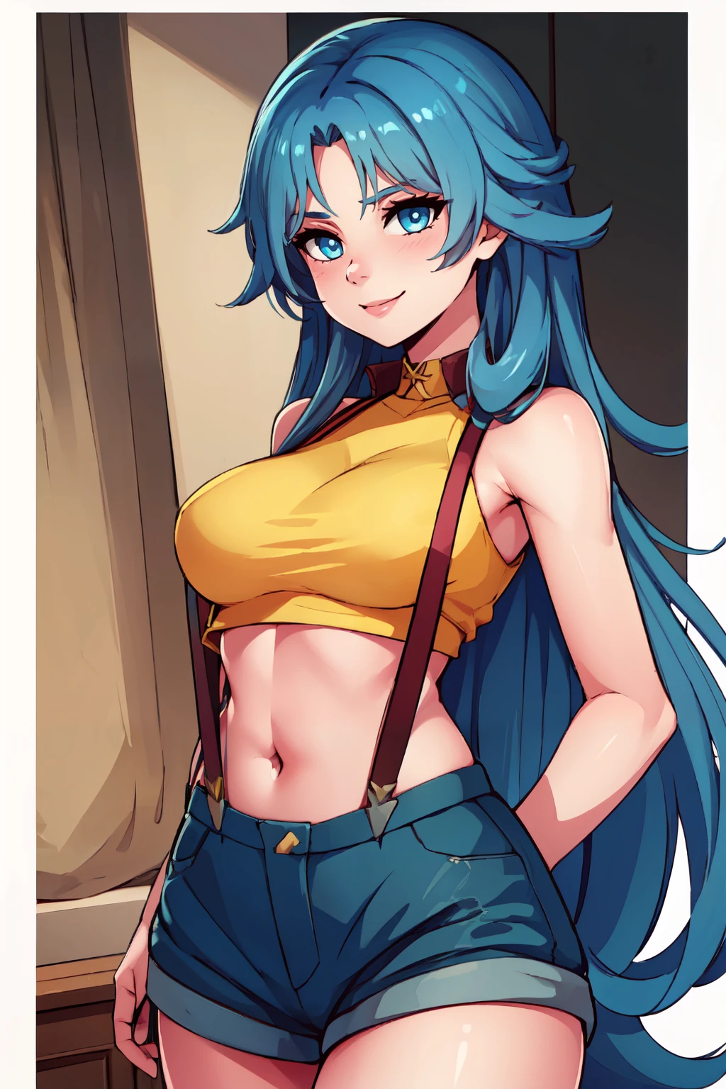 ((masterpiece,best quality)), absurdres,  BREAK, , <lora:Belorussiya_Azurlane:0.8>,  zzBelorussiya, blue hair, long hair, blue eyes, very long hair, bangs, parted bangs, , BREAK,  <lora:Misty_Pokemon_Cosplay_v3:0.8>,  misty (pokemon) (cosplay), yellow crop top, suspenders,, BREAK, solo, smile, looking at viewer, cowboy shot,