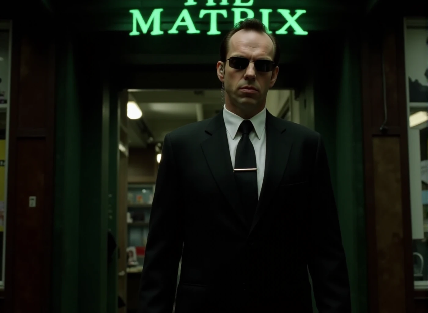 Smith wears a black suit and sunglasses and an earpiece. He stands at the entrance of a computer shop with a neon sign with the text "The Matrix" <lora:Smith:0.9>