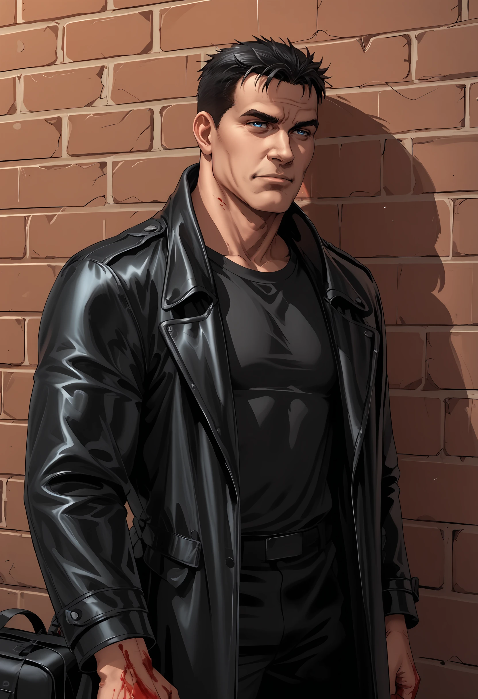 score_9, score_8_up, score_7_up, score_6_up, score_5_up, score_4_up, 1boy, <lora:BillyButcherComicsP:0.85>  male focus, black hair, short hair, blue eyes, jacket, shirt, black shirt, leather jacket, coat, manly, square jaw, muscular, from side, blood on hands, 
alley background, brick wall,