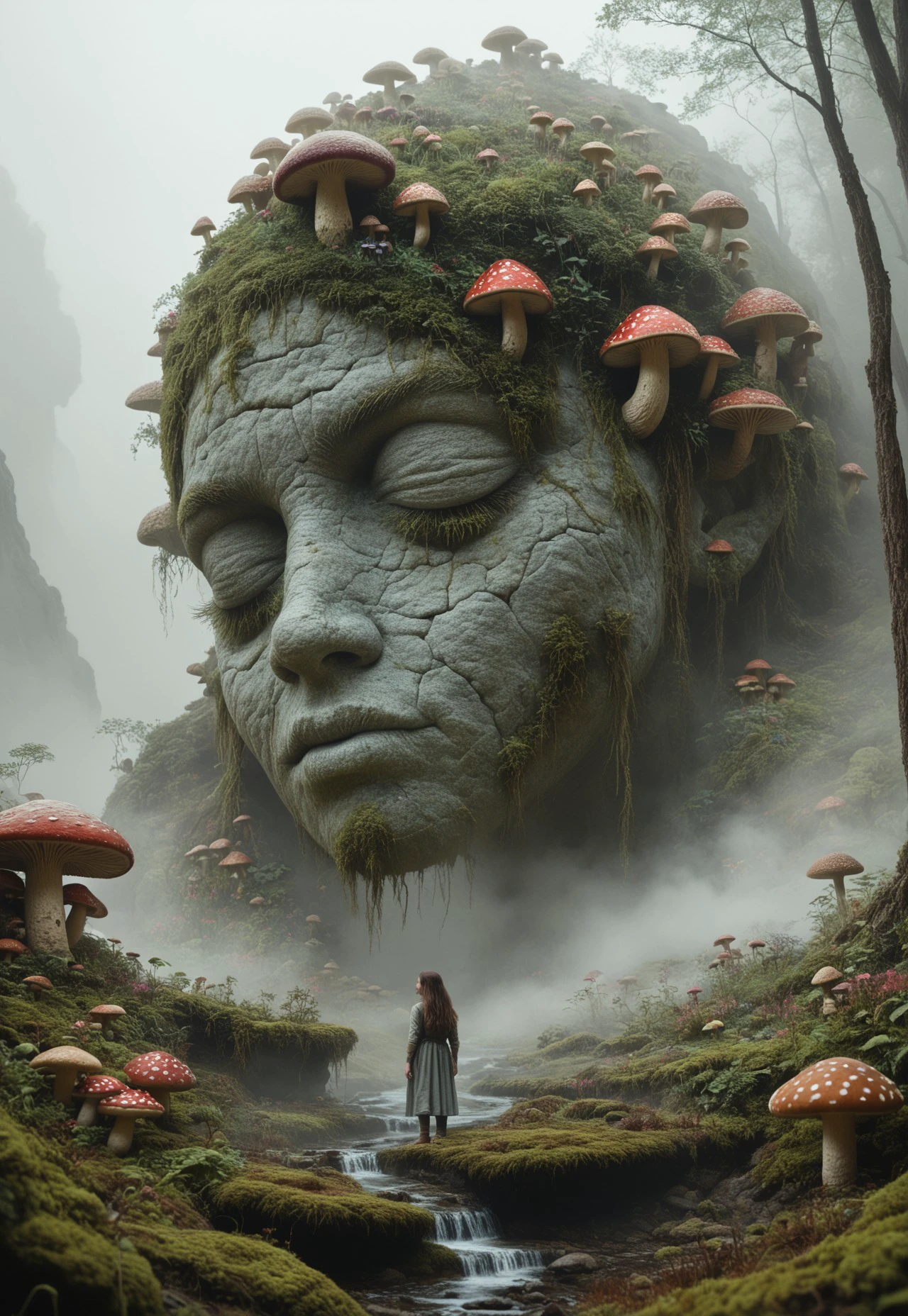 
score_9, score_8_up, score_7_up, ((( scenery )))
,
((( 1girl, solo, mesmerising beautiful girl touching giant stone face))
,
(( Best view))
,
((( Stone monster )))
,
((( )))
,
(( ))
,
((  ))
,
(((  Vaofslgimb, outdoors, Moss, Mushroom, fog, )))
,
((((  )))