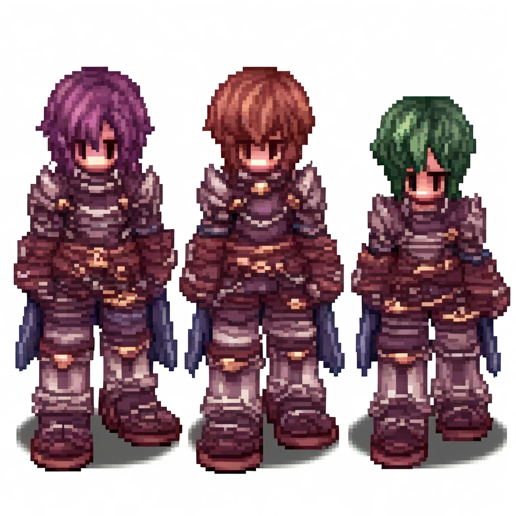 multiple boys, boots, brown hair, green hair, armored boots, pixel art, white background, long hair, pants, gauntlets, simple background