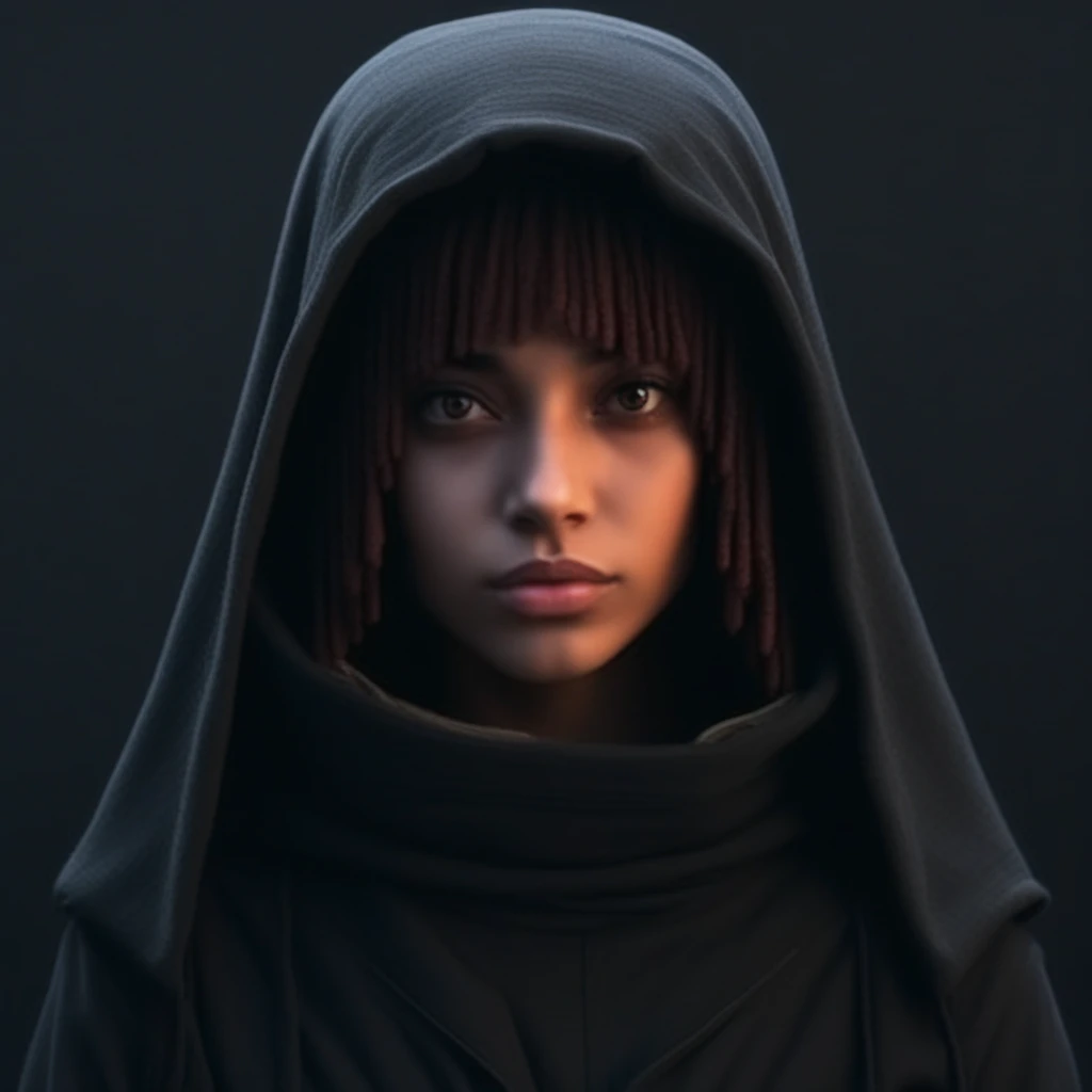 verosha  acolyte 1girl solo looking at viewer long hair brown hair upper body black hair closed mouth lips hood bangs science fiction