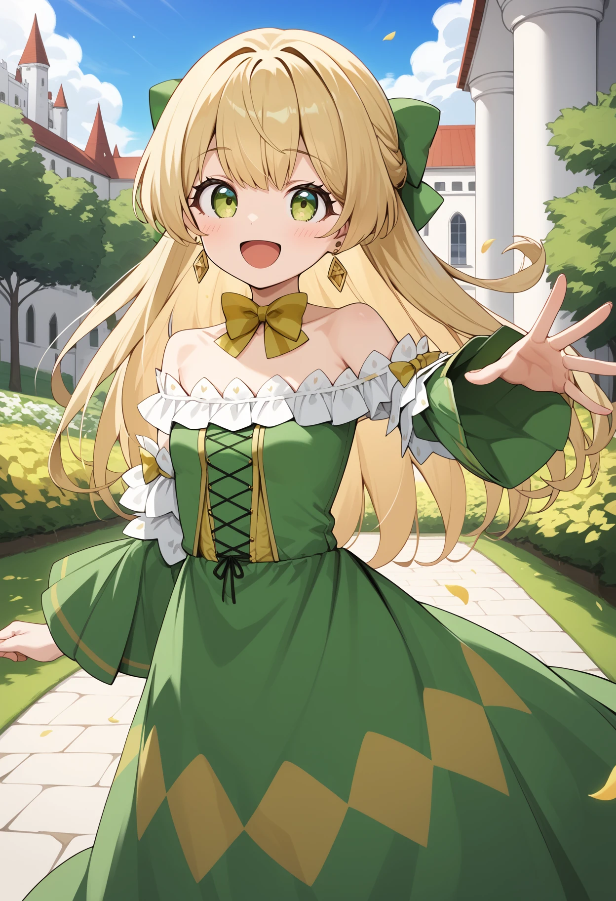 score_9, score_8_up, score_7_up, score_6_up, score_5_up, score_4_up, source_anime, aatelestia, long hair, blonde hair, hair bow, earrings, green eyes, small breasts, collarbone, bare shoulders, yellow bowtie, strapless, green dress, long sleeves, green sleeves, <lora:telestia_terra_esfort_ponyxl_v1:0.9>, standing, cowboy shot, outdoors, garden, castle, smile, open mouth, petals, reaching,