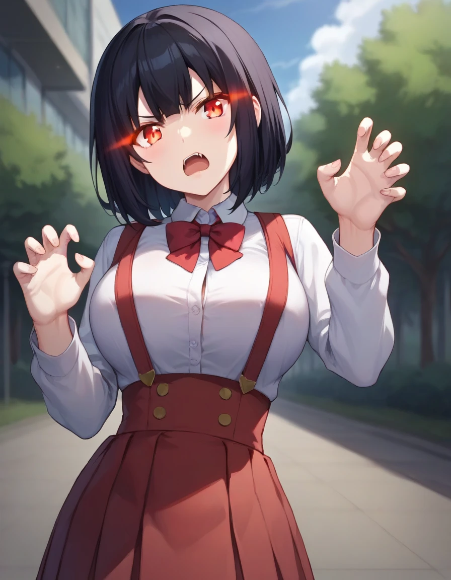 score_9,score_8_up,score_7_up,score_6_up BREAK official art,solo,outdoors,upper body,(portrait:1.5),looking at viewer,facing viewer,angry,frown,pale skin,Hiraki Hanako,short hair,black hair,bangs,glowing eyes,red eyes,open mouth,fangs,school uniform,collared shirt,white shirt,long sleeves,claw pose,large breasts,high-waist skirt,suspenders,red skirt,thick thighs,white socks,loafers,<lora:Hiraki Hanako(th vs se)-Pony:1.3>,<lora:Smooth Anime Style LoRA XL:0.8>,