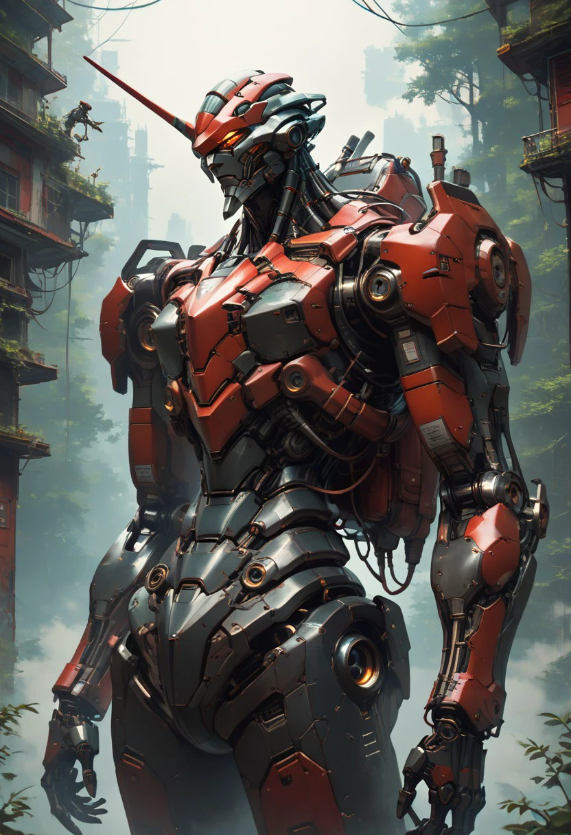 score_9, score_8_up, score_7_up, score_6_up, 1girl, in the forest, futuristic Mecha, bulky body armour, full power armour, large backpack, red accessories, professional illustration, extreme detail, angular brush, iridescent, HRMN, mechanical parts, (cable, wires:0.4), machinery, joints,