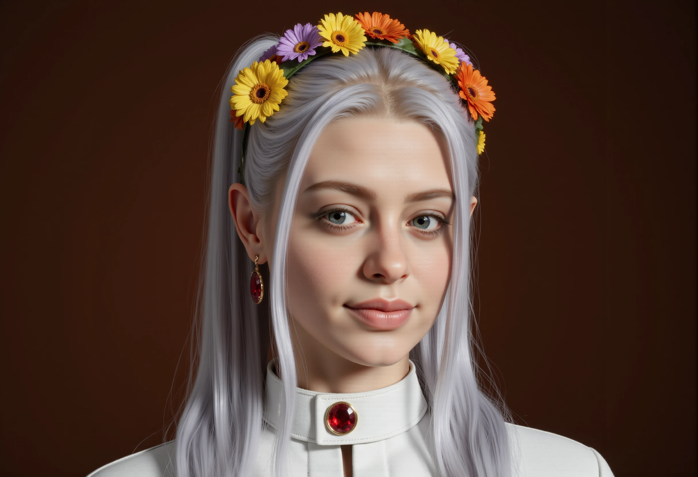 <lora:AntiBlur:3>,  <lora:Elyndra_18246MB_Slow:1>, Elyndra
A highly detailed, realistic CGI image featuring a young woman with striking features. She has long, silver hair styled in a sleek, high ponytail, cascading down her back. Her hair is so fine and silky that it appears almost ethereal. Her skin is a radiant, pale complexion with a subtle sheen, suggesting a delicate, almost translucent quality. She wears a delicate, colorful floral crown on her head, featuring a mix of bright yellow, orange, and purple flowers, adding a whimsical touch to her otherwise elegant appearance. Her eyes are a bright, sparkling blue, and her eyebrows are thin and well-groomed. She is adorned with a single, striking red gemstone earring that catches the light, adding a pop of color to her attire. Her attire is a simple, high-necked white garment with a subtle sheen, suggesting a luxurious texture. The background is a solid, dark brown color, which provides a stark contrast to her bright, vibrant features, making her stand out prominently. The overall mood is serene and mystical, with an emphasis on her ethereal beauty and the delicate details of her appearance. The image is rendered in a highly realistic, photorealistic style, with a focus on texture and detail. The lighting is soft and gentle, with a subtle gradient that enhances the subject's features. The image exudes a sense of enchantment and otherworldliness.