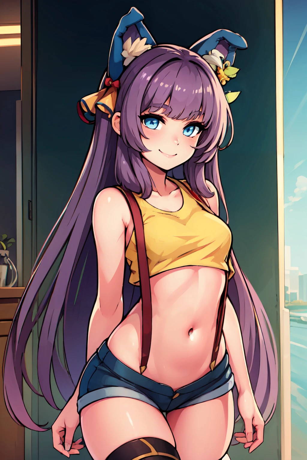 ((masterpiece,best quality)), absurdres,  BREAK, , <lora:Tashkent_Azurlane:0.8>, zzTashkent, long hair, purple hair, blue eyes, very long hair, bangs, animal ears, ribbon, hair ribbon, fake animal ears, hair ornament, , BREAK,  <lora:Misty_Pokemon_Cosplay_v3:0.8>,  misty (pokemon) (cosplay), yellow crop top, suspenders,, BREAK, solo, smile, looking at viewer, cowboy shot,