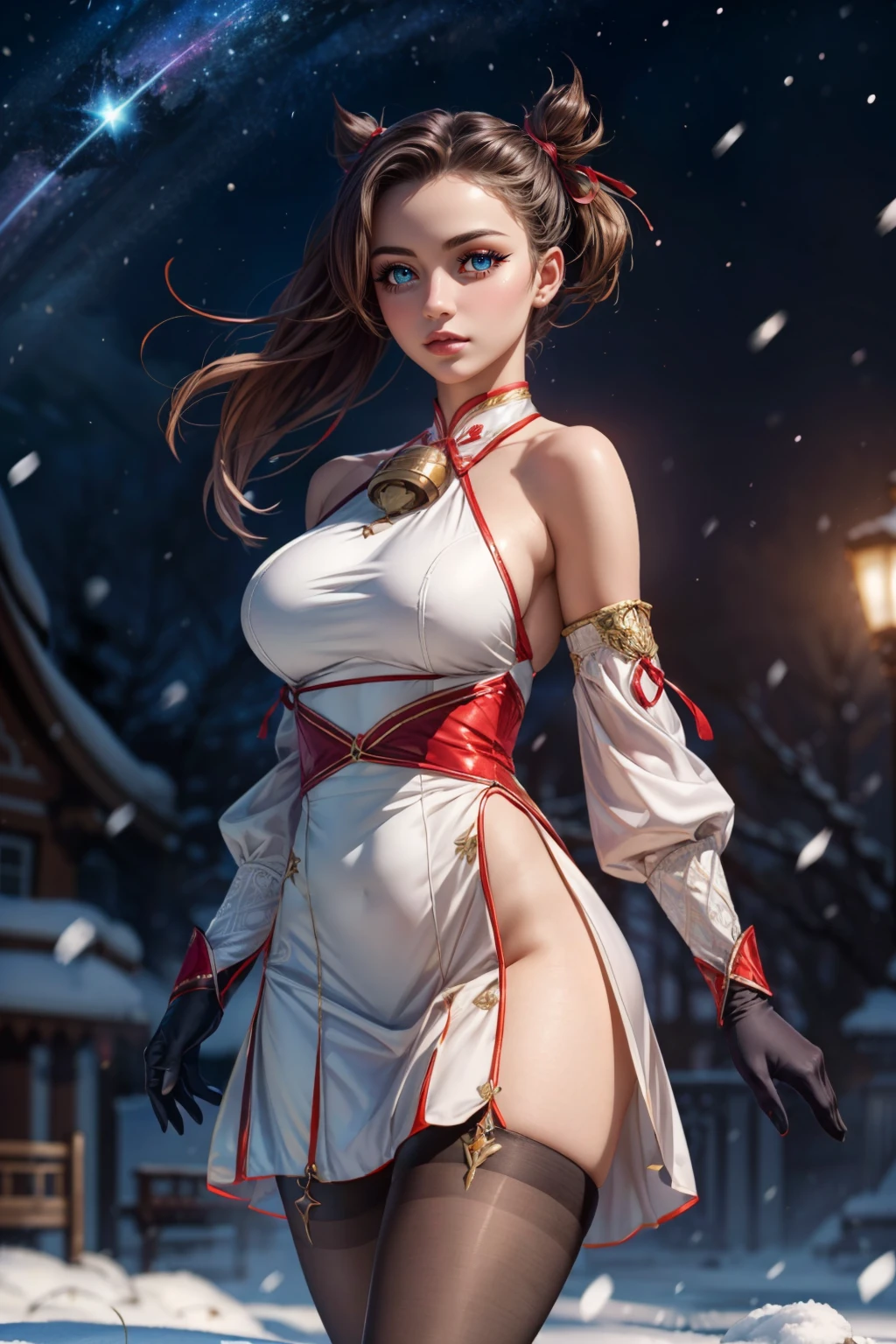 (ultra realistic,32k, masterpiece:1.2),(high detailed skin:1.1),( high quality:1.1), <lora:IllyasvielVonEinzbern_v1:0.7>, zzIllya, looking at viewer, night, outdoors, snowing, sky, BREAK,   <lora:MarnieGanyu:0.8>,  zzMarnie, aqua eyes, red ribbon,  bare shoulders, neck bell, bodystocking, white dress, gold trim, flower knot, detached sleeves, black gloves, pelvic curtain, thighlet, pantyhose,  BREAK,  blooming stars, luminescent petals, otherworldly fragrance blurry background, (looking at viewer, standing:1.1), huge breast, large breast, <lora:add_detail:0.92>, (glowwave:1.1),