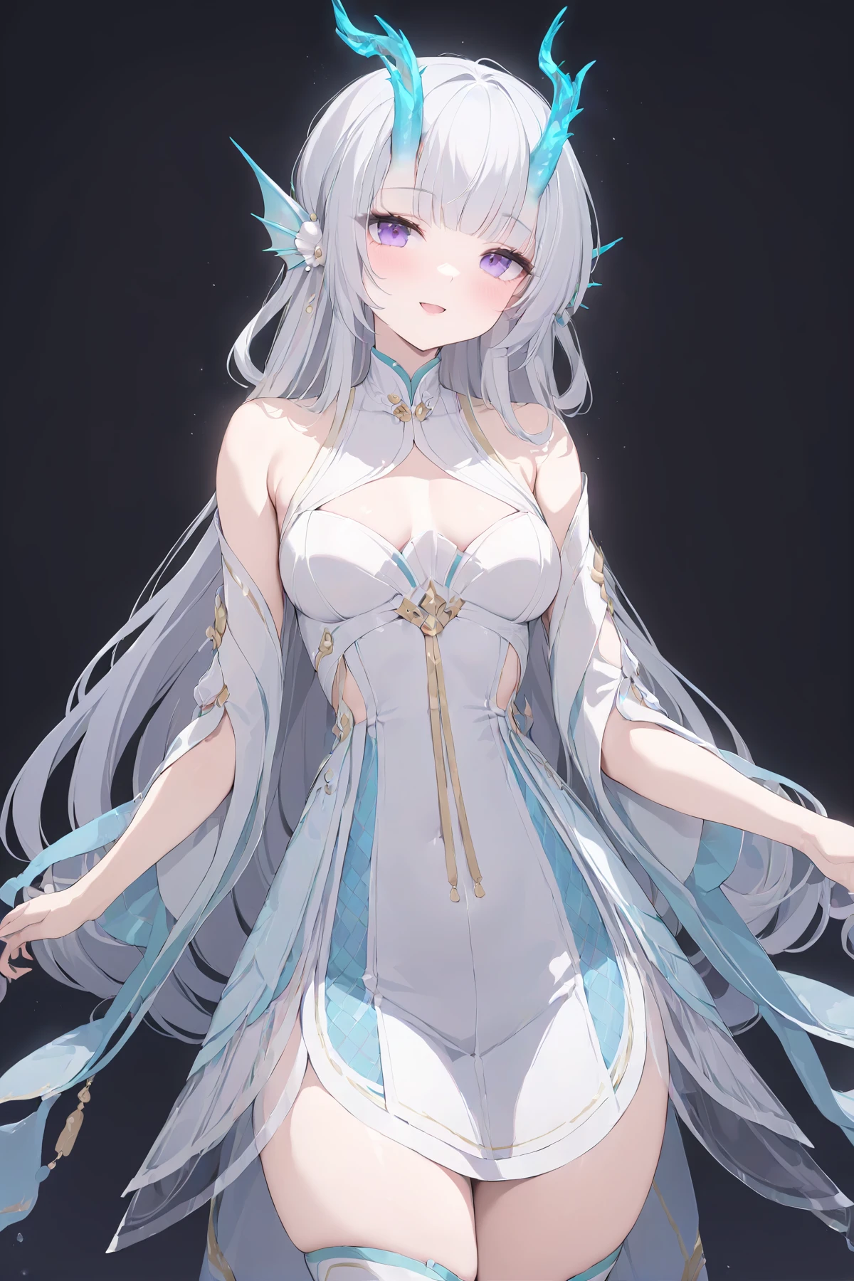 masterpiece, best quality, perfect features, 1girl, solo, light smile,  looking at viewer, smile, open mouth, simple background,
white hair, purple eyes, dragon horns, fins, head fins, dress, bare shoulders,white boots, <lora:Xishi_YLQY_xl:0.9>, masterpiece, best quality,