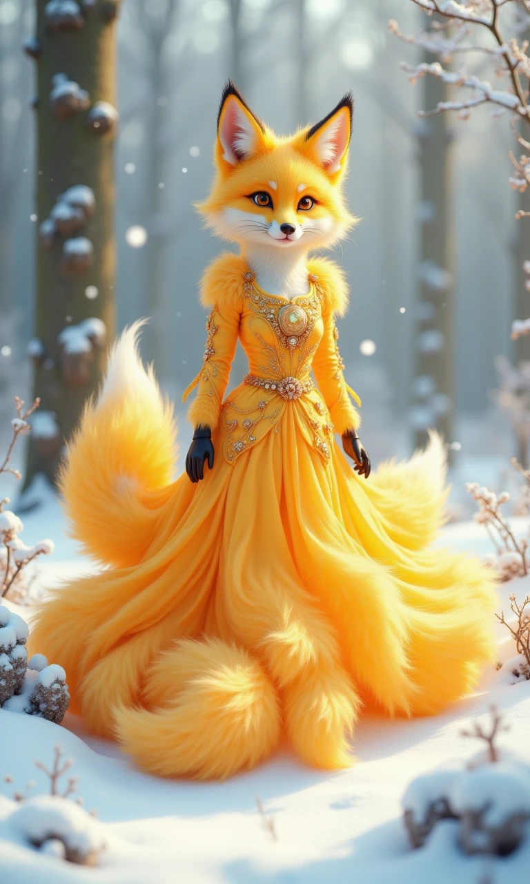 Nine Tailed Fox,jqzx,the nine tailed fox,adorned with nine fluffy yellow tails and fox ears,looks sexy,enticing,and semi transparent in the snow,filled with incredible complex details,creating realistic visual effects.,the image is a digital illustration of a fox in a snowy landscape. the fox is standing in the center of the image,facing towards the left side of the frame. it is wearing a long,flowing yellow dress with a high neckline and long sleeves. the dress is decorated with gold accents and has a large gold brooch in the shape of a flower on the front. the fur of the fox is a bright orange color and is styled in a way that it looks **** it is standing on all fours. the background is blurred,but it appears to be a snowy forest with trees and bushes. the overall mood of the illustration is magical and whimsical.,