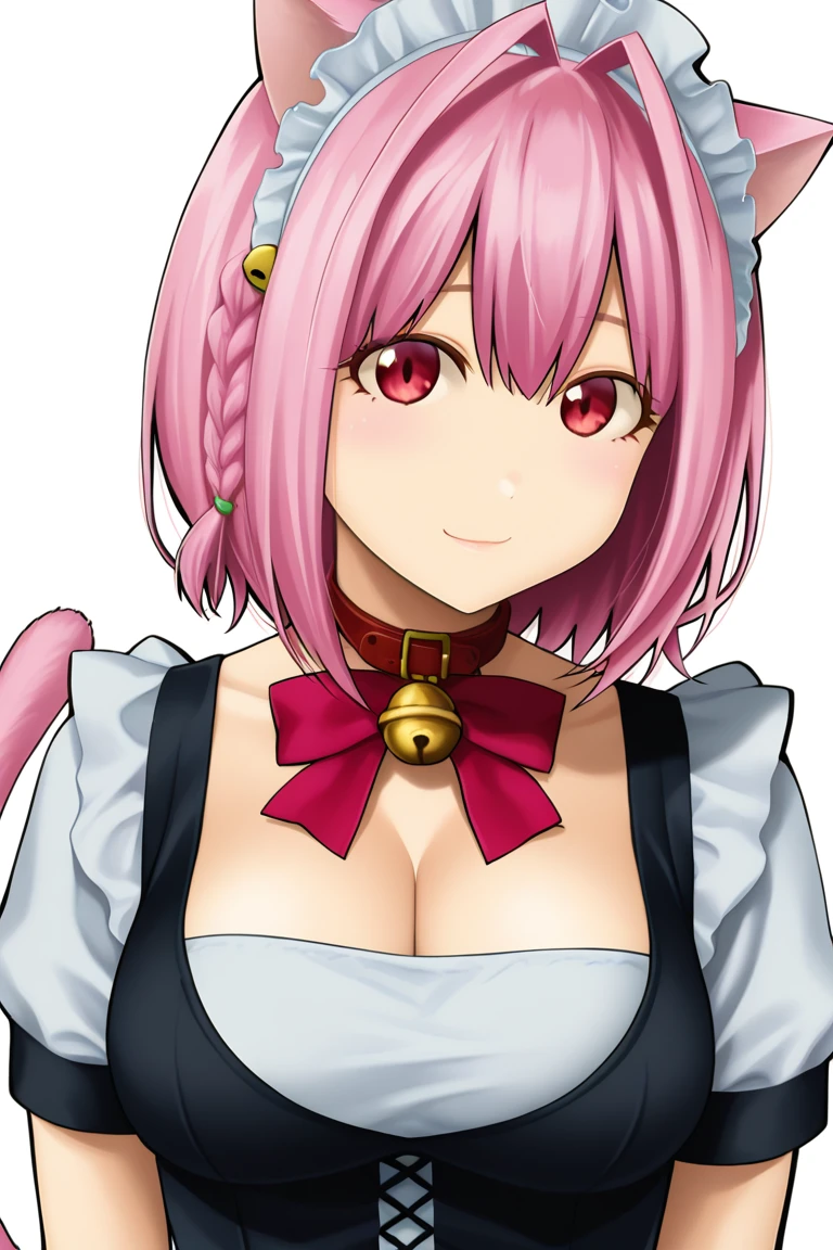 score_9, , FunatsuKazukiStyle, cat ears, short sleeves, medium breasts, upper body, hair intakes, feline, cleavage, humanoid, breasts, neck bell, maid headdress, clothing, pink eyes, mammal, felis, collar, female, simple background, hi res, 1girl, animal humanoid, smile, mammal humanoid, felid humanoid, solo, braid, maid, feline humanoid, felid, feral, red eyes, pink hair, maid uniform, tail, anthro, hair, uniform, hair ornament, choker, large breasts, cat tail, cat humanoid, animal ears, white background, bell, clothed, short hair, looking at viewer, domestic cat