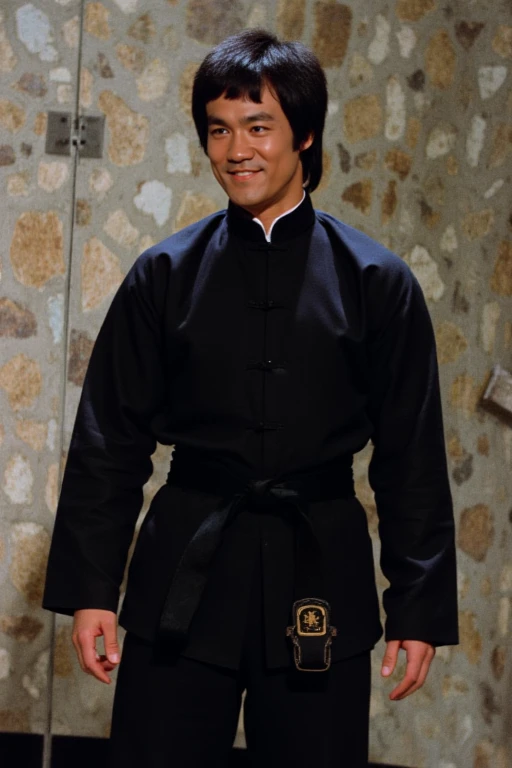 shaolinabbot_brucelee, a chinese shaolinabbot_brucelee man, brucelee, 1boy, male focus, ((solo)), black hair, dressed in traditional black Chinese martial arts attire, standing, portrait, close up, seen from up close, smile, happy, <lora:ShoalinAbbot_BruceLee_ETD_Flux:1>