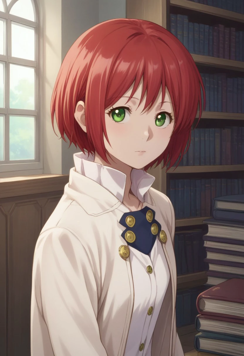 score_9, score_8_up, score_7_up, source_anime, highly detailed, 
shirayuki, 1girl, solo, red hair, green eyes, short hair, coat, white coat, upper body,
indoor, books, library,