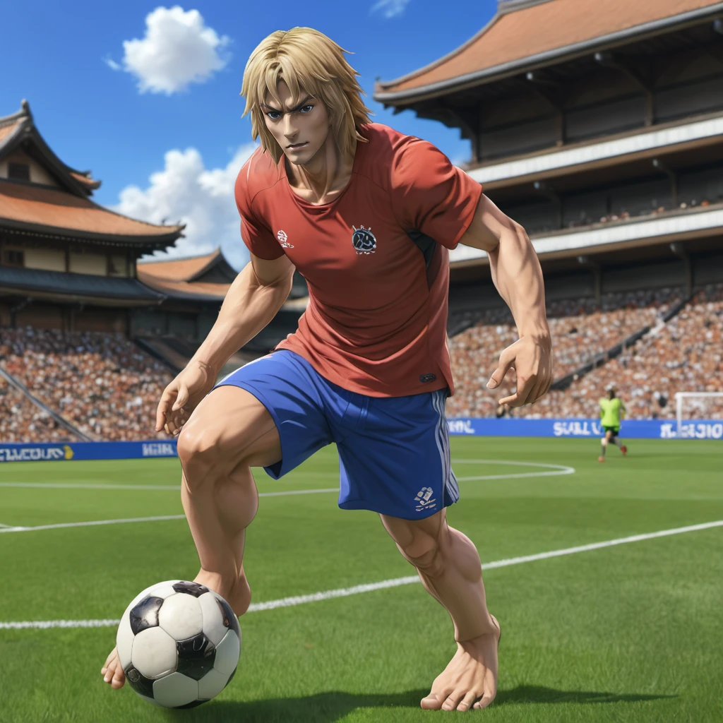KenSFXL playing soccer, man playing soccer, kicking soccer ball, barefoot <lora:KenSFXL:.95> , (anime, masterpiece, intricate:1.3), (best quality, hires textures, high detail:1.2), (4k),(incredibly detailed:1.4),UHD, 8K, ultra detailed