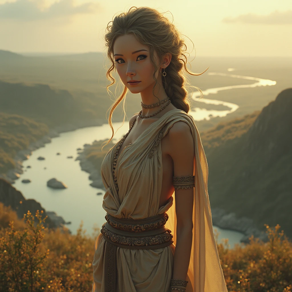 A realistic and detailed portrait of a woman with soft, golden skin and delicate features, standing before an expansive, untouched landscape with subtle mist and nuanced shading, surrounded by the quietude of nature. Cascading rivers with gentle ripples and endless plains bathed in warm, tranquil reflections, while the woman's attire, a flowing, earth-toned gown with intricate, tribal patterns, evokes primal elegance. An intimate, soulful gaze fixes the viewer, capturing a fleeting moment of serenity and connection, as if time itself has paused in this serene, idyllic scene.