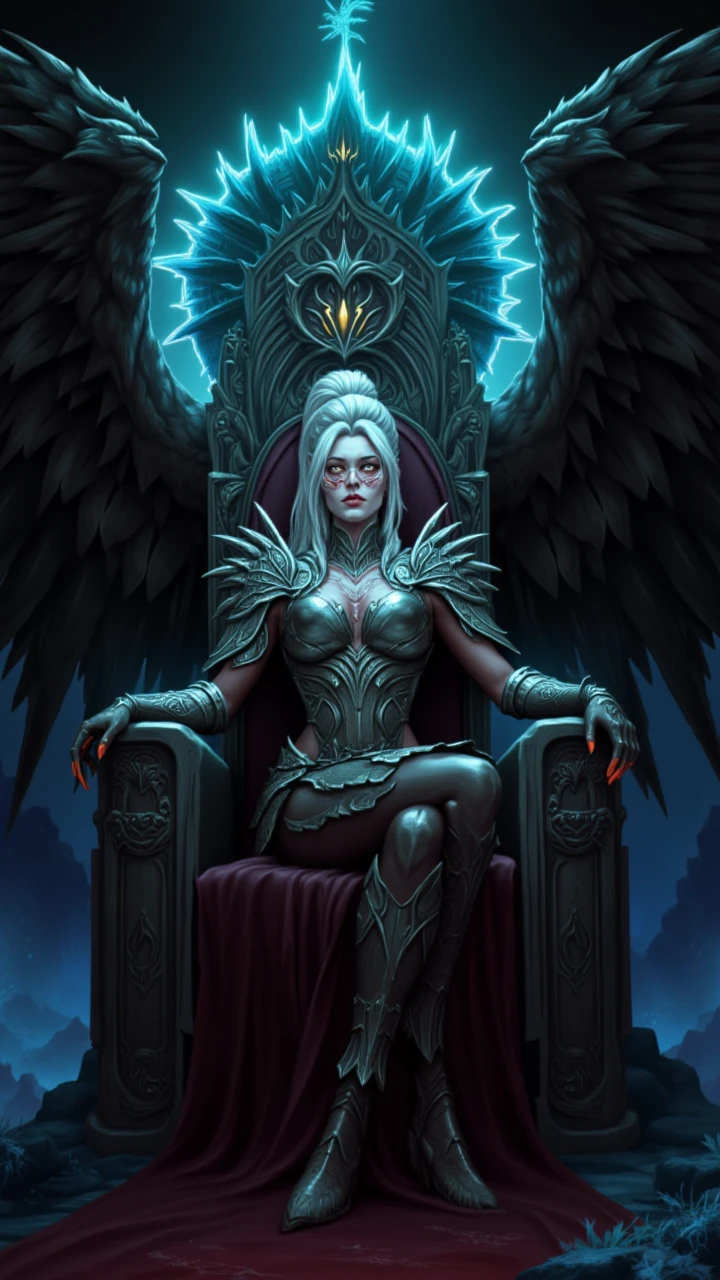 with intricate engravings and a polished, revealing sharp teeth, jagged designs. His armor is a deep, infernal landscape. The central figure is a muscular, character This is a digital illustration depicting a majestic eagle with a fantastical, gothic cathedral-like structure, aidmaDarkfantasy, likely luminescent algae or fungus, glowing runes, silver hair tied back, eerie atmosphere with a cool, ornate throne. The throne itself is an imposing  , aidmaDarkfantasy