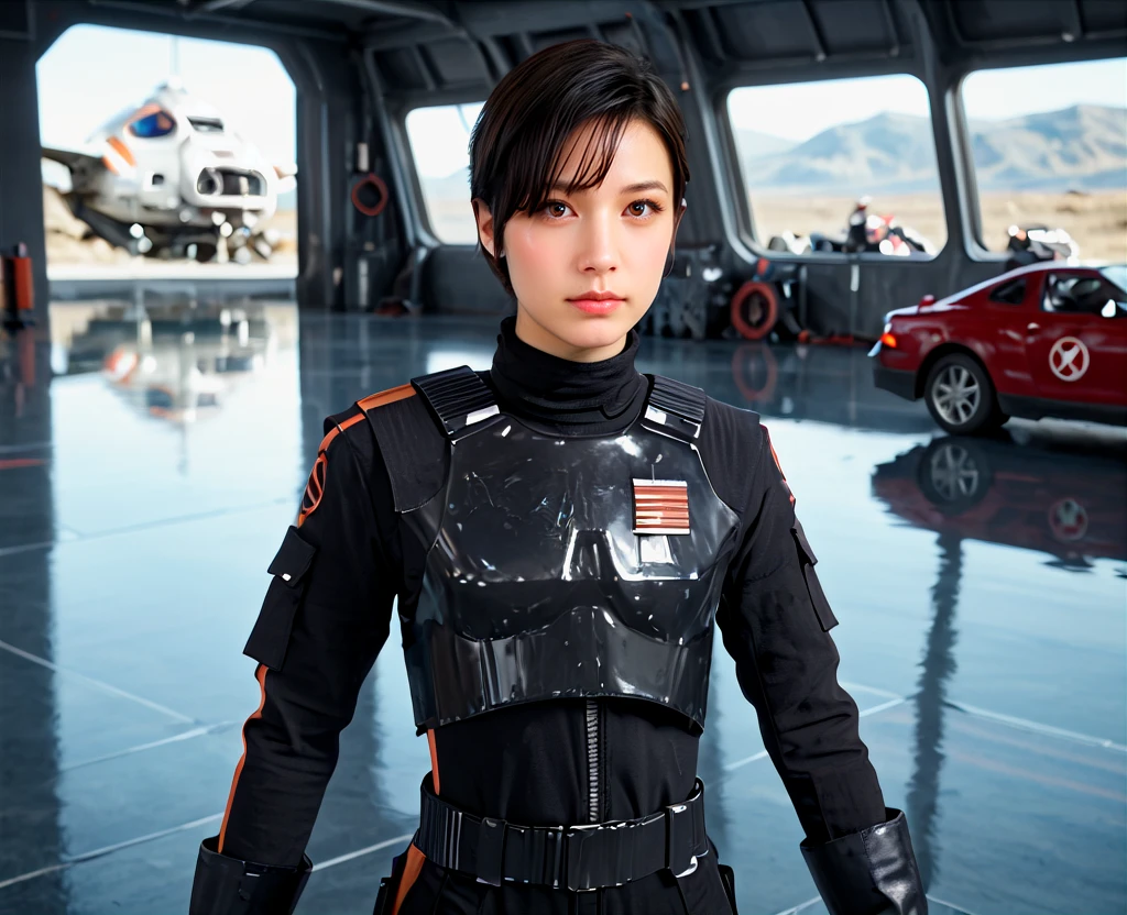 <lora:Seyn_Marana:1> (score_9, score_8_up, score_7_up, score_6_up,) seyn marana, star wars, 1girl, solo, realistic, pilot suit, science fiction, reflection, gloves, spacesuit, brown eyes, brown hair, black hair, bodysuit, short hair, looking at viewer, blurry background, spacecraft, hangar,