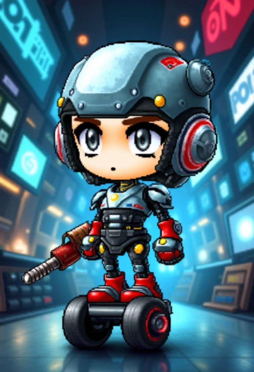 A chibi robot character with shiny metallic armor, rolling through a high-tech laboratory filled with glowing screens and futuristic equipment. The robot has large, expressive eyes and a playful, curious demeanor as it explores the room.