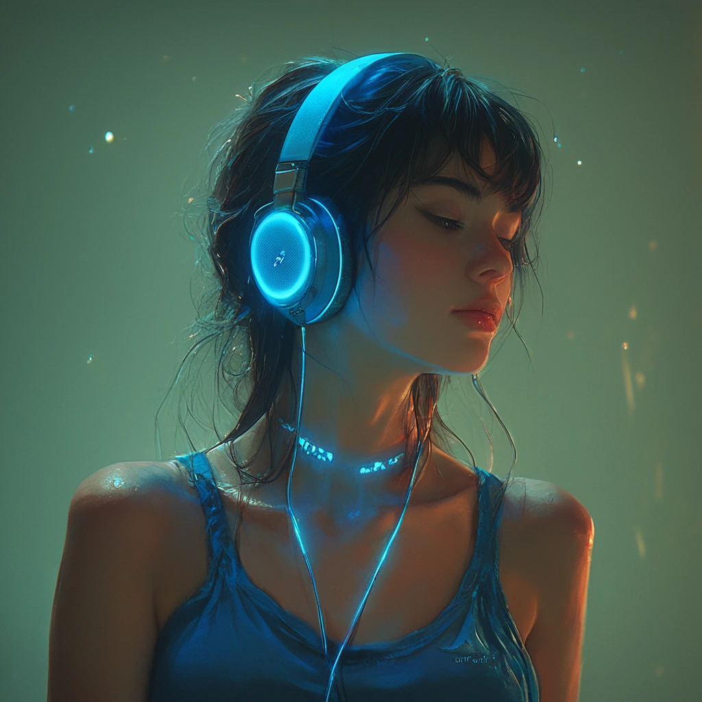 score_9, score_8_up, score_7_up,  FFGA, 1woman, glowing blue headphones, blue glow, realism, beautiful black hair, 